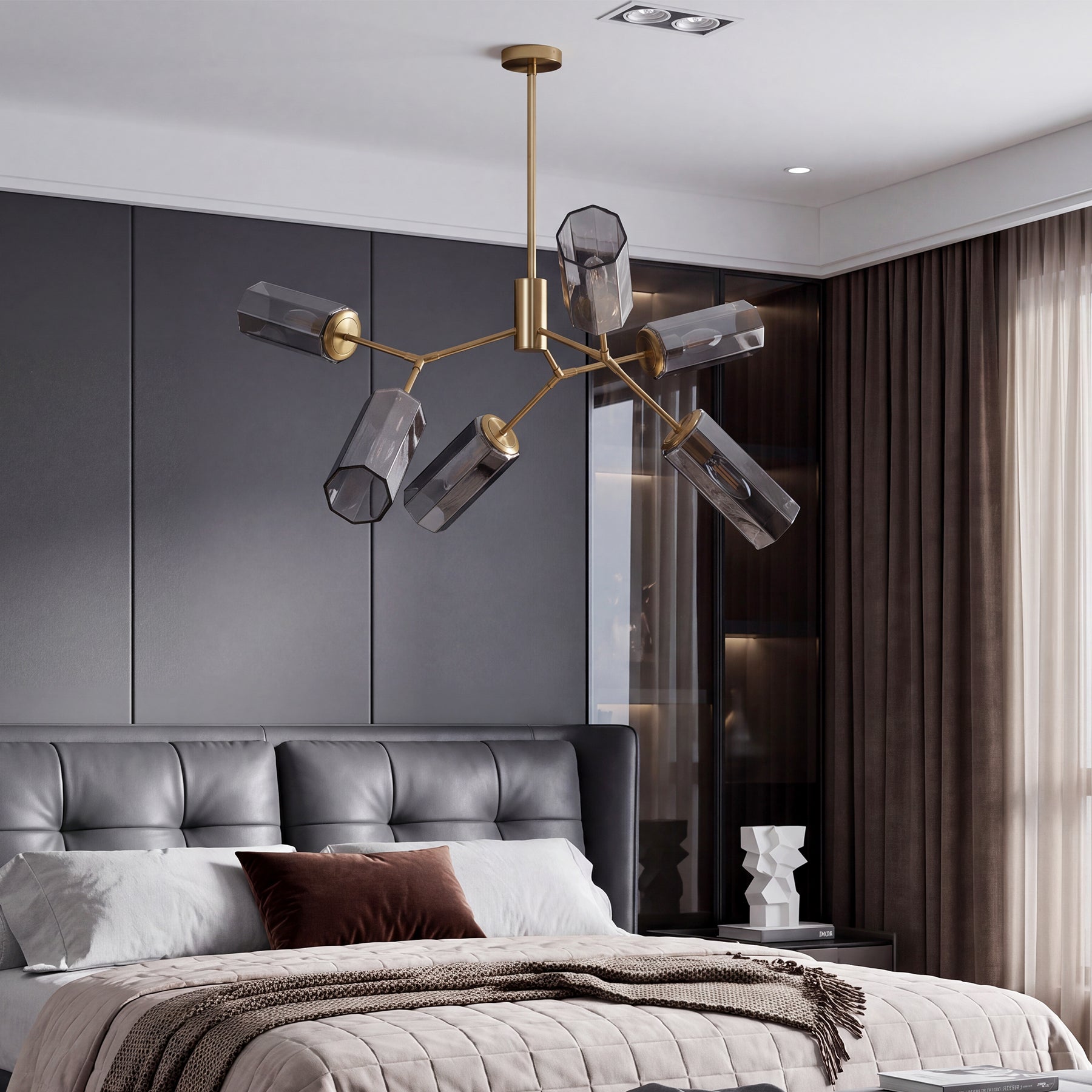 6-Light Branch Chandelier, Modern Adjustable-Height Pendant Lighting with Smoky Grey Glass