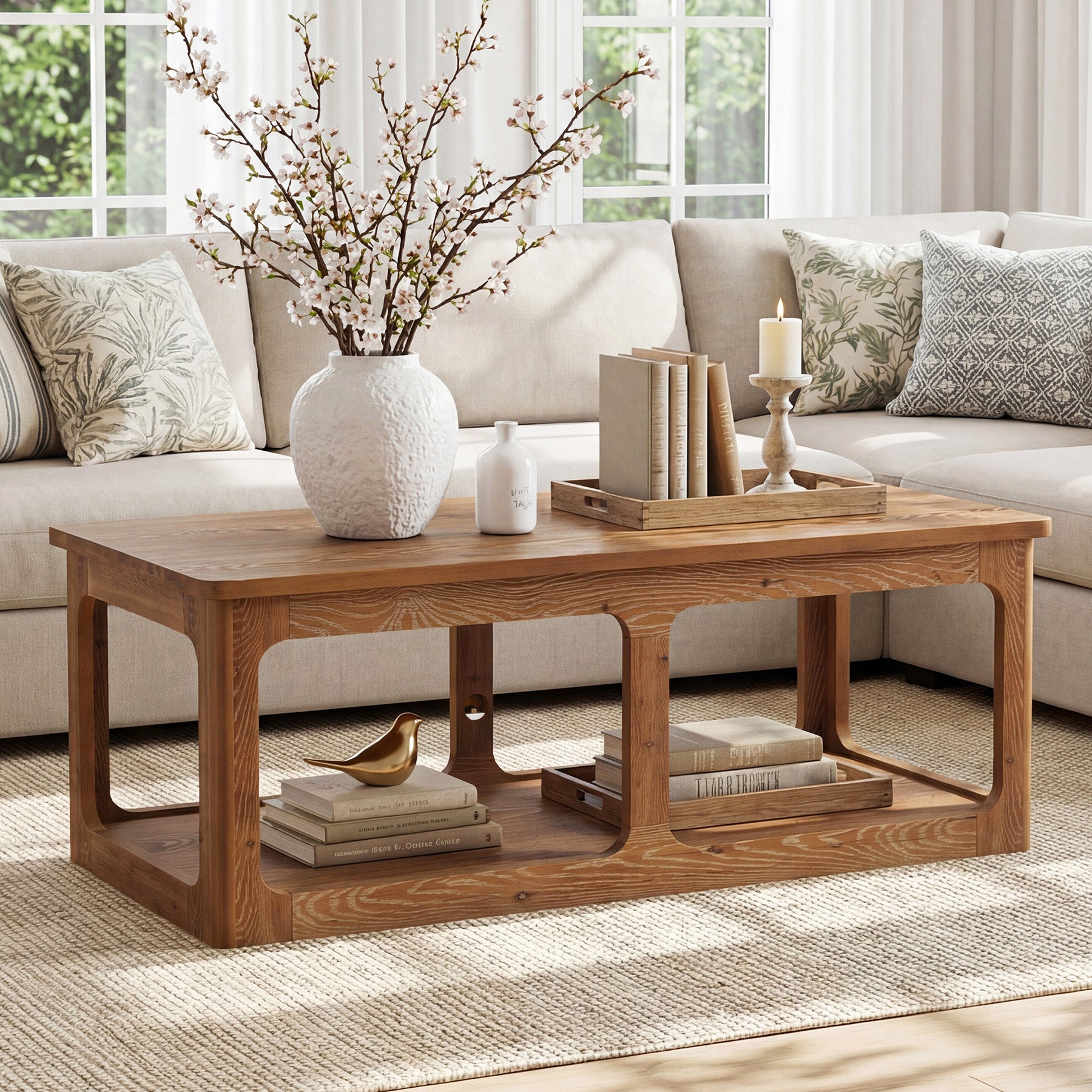 47.2" Rectangle Coffee Table, 2-Tier Solid Wood Center Table Cocktail Tea Table