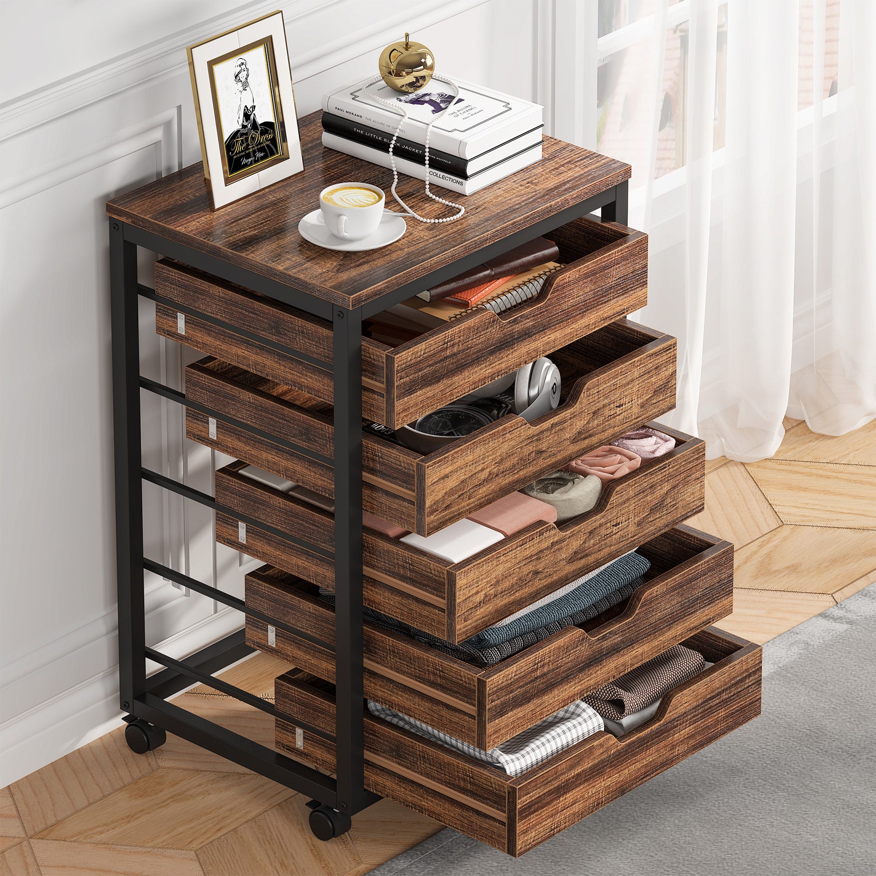 5-Drawer File Cabinet, Wood Mobile Storage Drawer Unit Industrial Office Cabinet with Drawers & Wheels