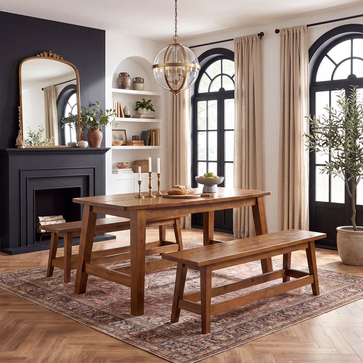 55" Farmhouse Dining Table Set with 2 Benches, Solid Wood Kitchen Table for 4