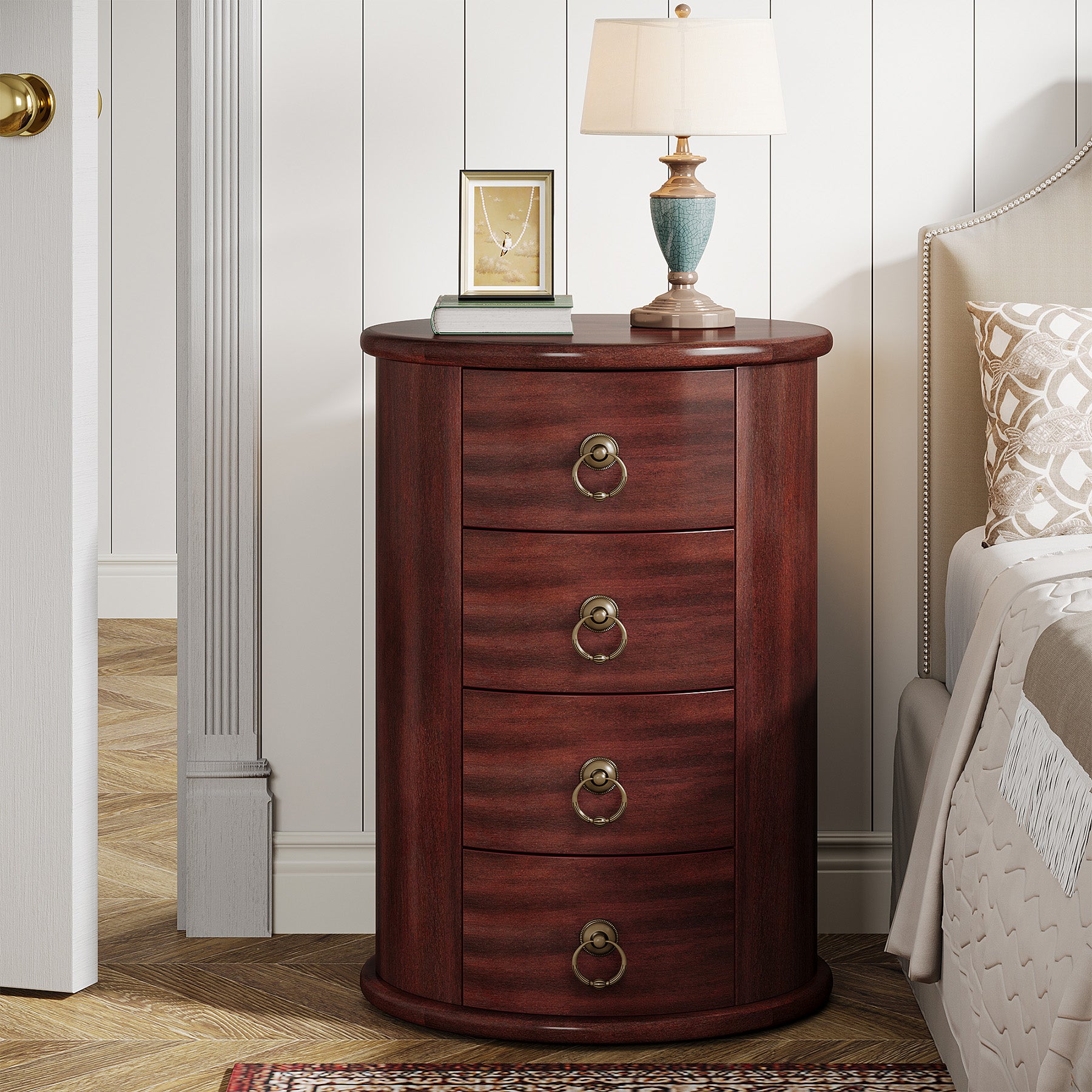 Wood Nightstand, Round Bedside Table with 4 Drawers(No Assembly Required)