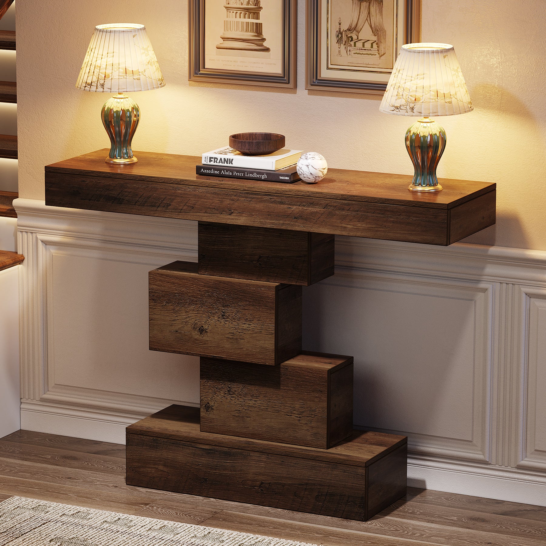 42.5" Rustic Brown Farmhouse Console, Industrial Geometric Sofa Table for Hallway Entrance