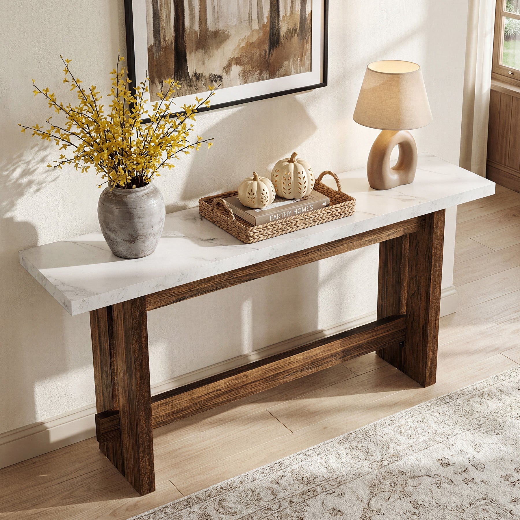63" Farmhouse Console Table with Faux Marble Top, Narrow Sofa & Entryway Table for Behind Couch