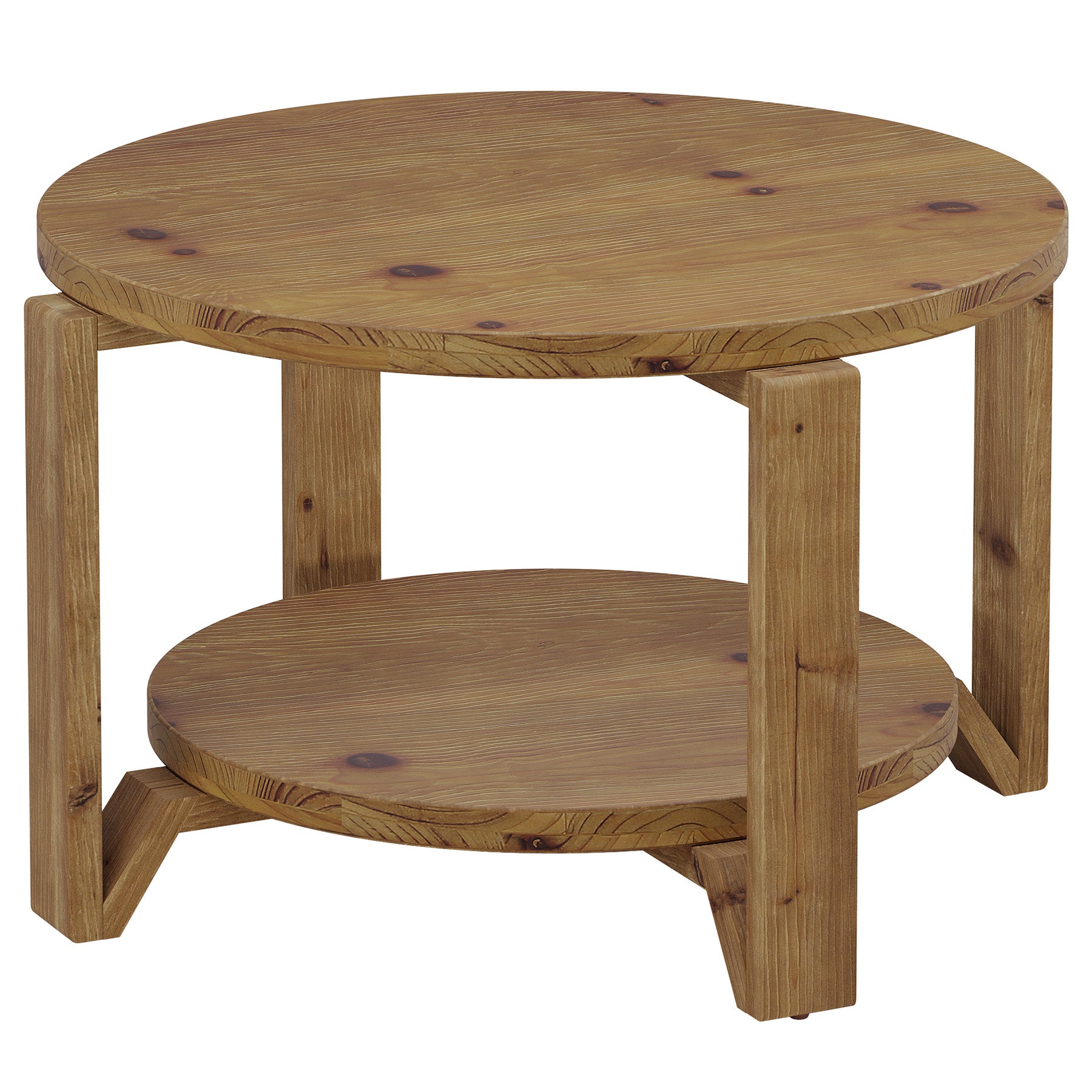 30" Solid Wood Coffee Table, Round Small Center Table with 2-Tier Storage