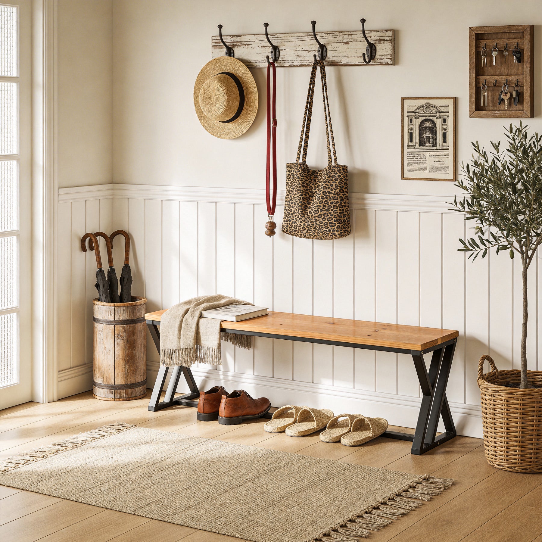 55" Long Entryway Bench, Solid Wood End of Bed Bench with Metal Legs