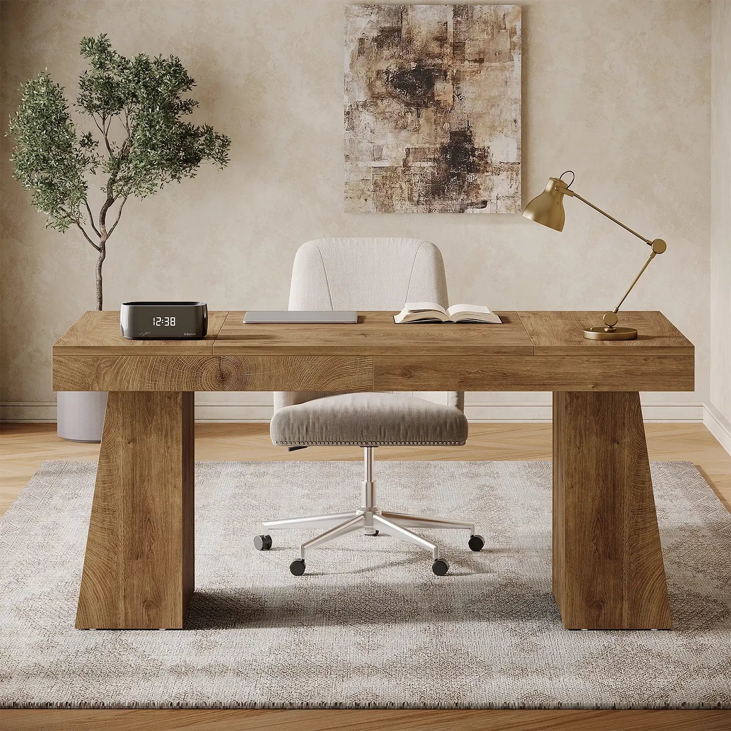 55" Executive Desk with Double Trapezoid Base, Modern Wooden Computer Desk for Home Office