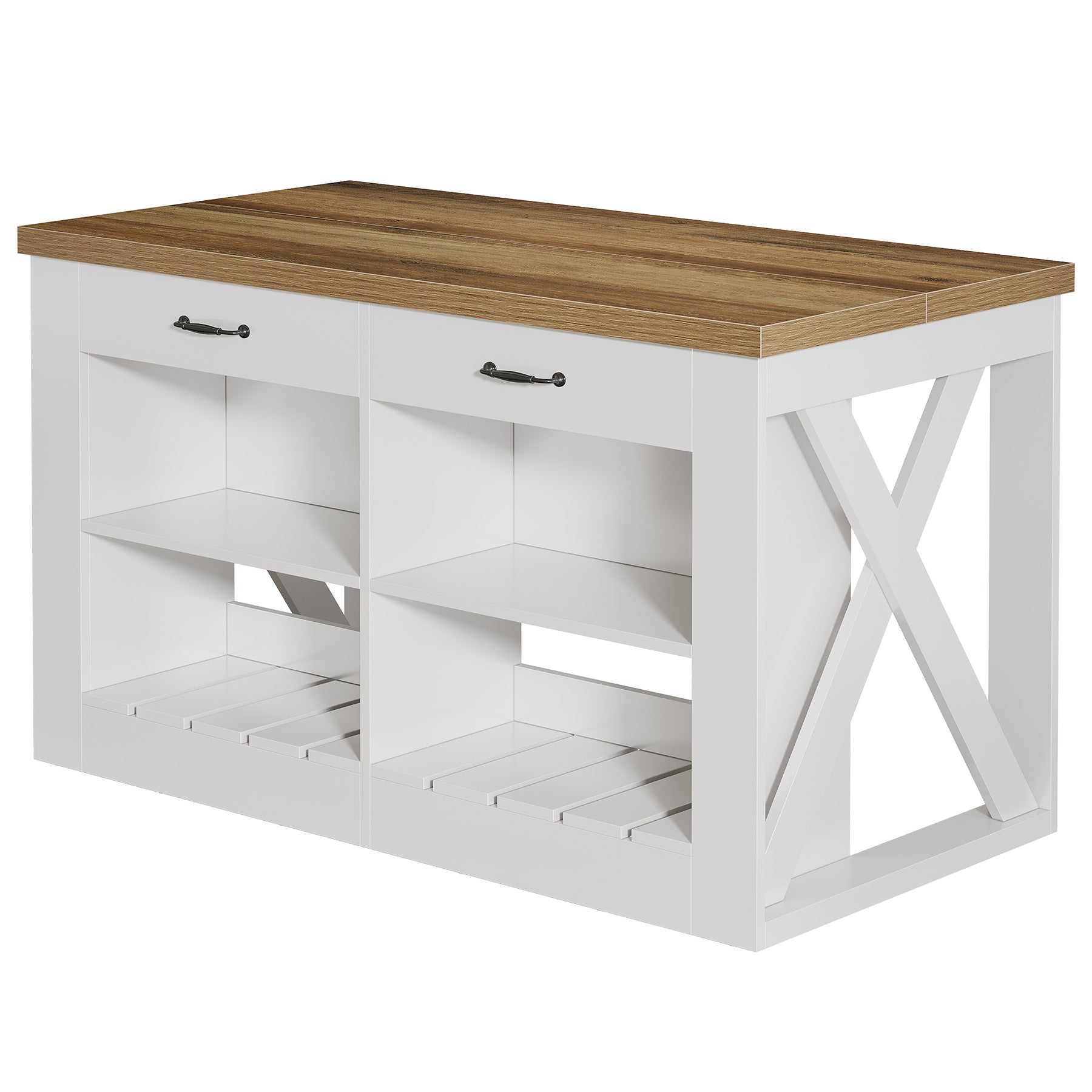 55" Kitchen Island, Wooden Bar Table with 2 Drawers and Open Shelf