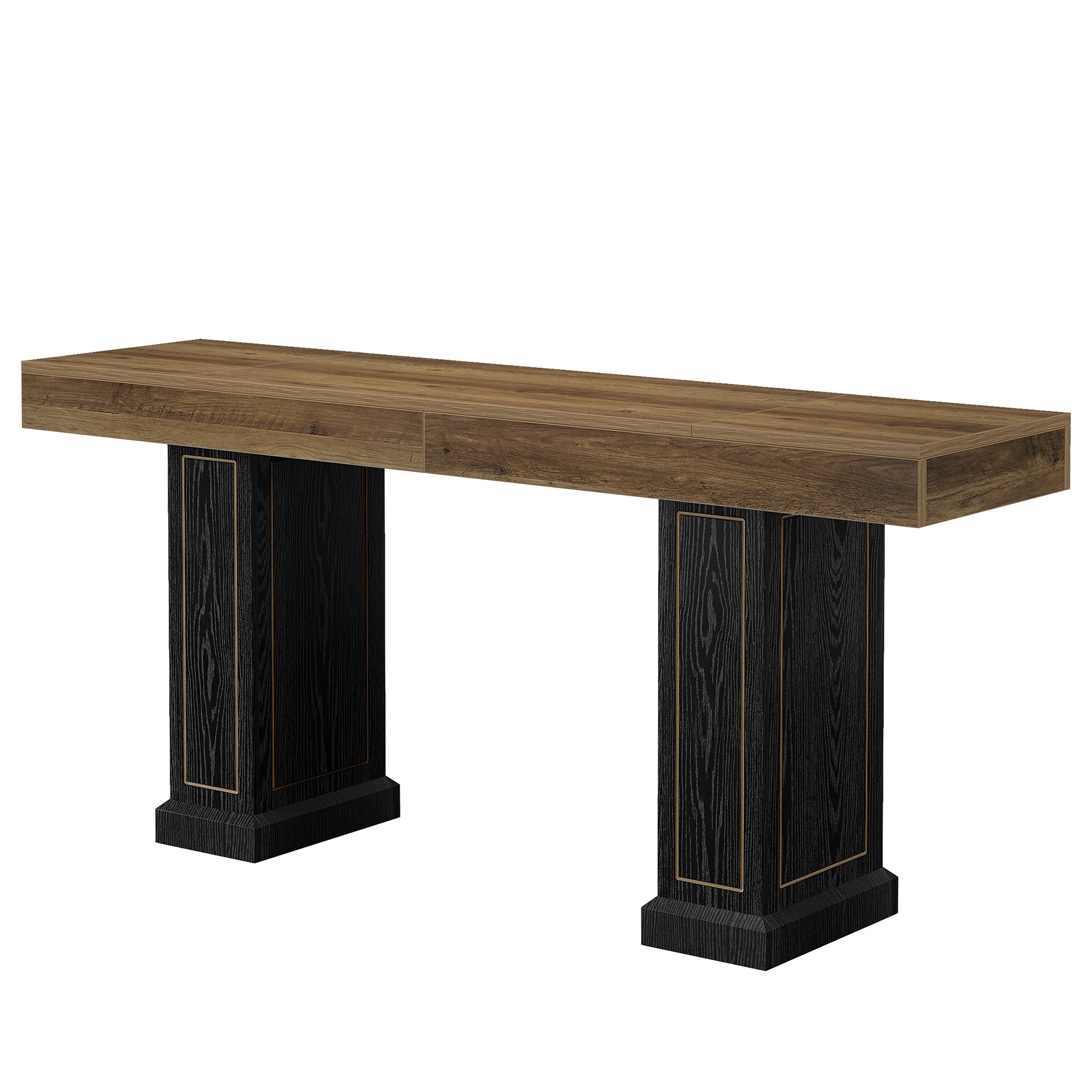 71" Counter Height Bar Table for 6-8 People, Rustic Pub Table with Dual Pedestal Base & Gold Accents