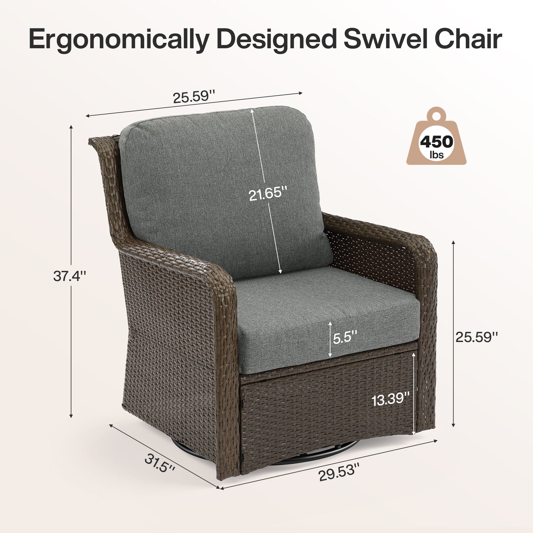 29.53" Outdoor Wicker Swivel Chair, Patio Rattan Rocking Chair with Thick Gray Cushions