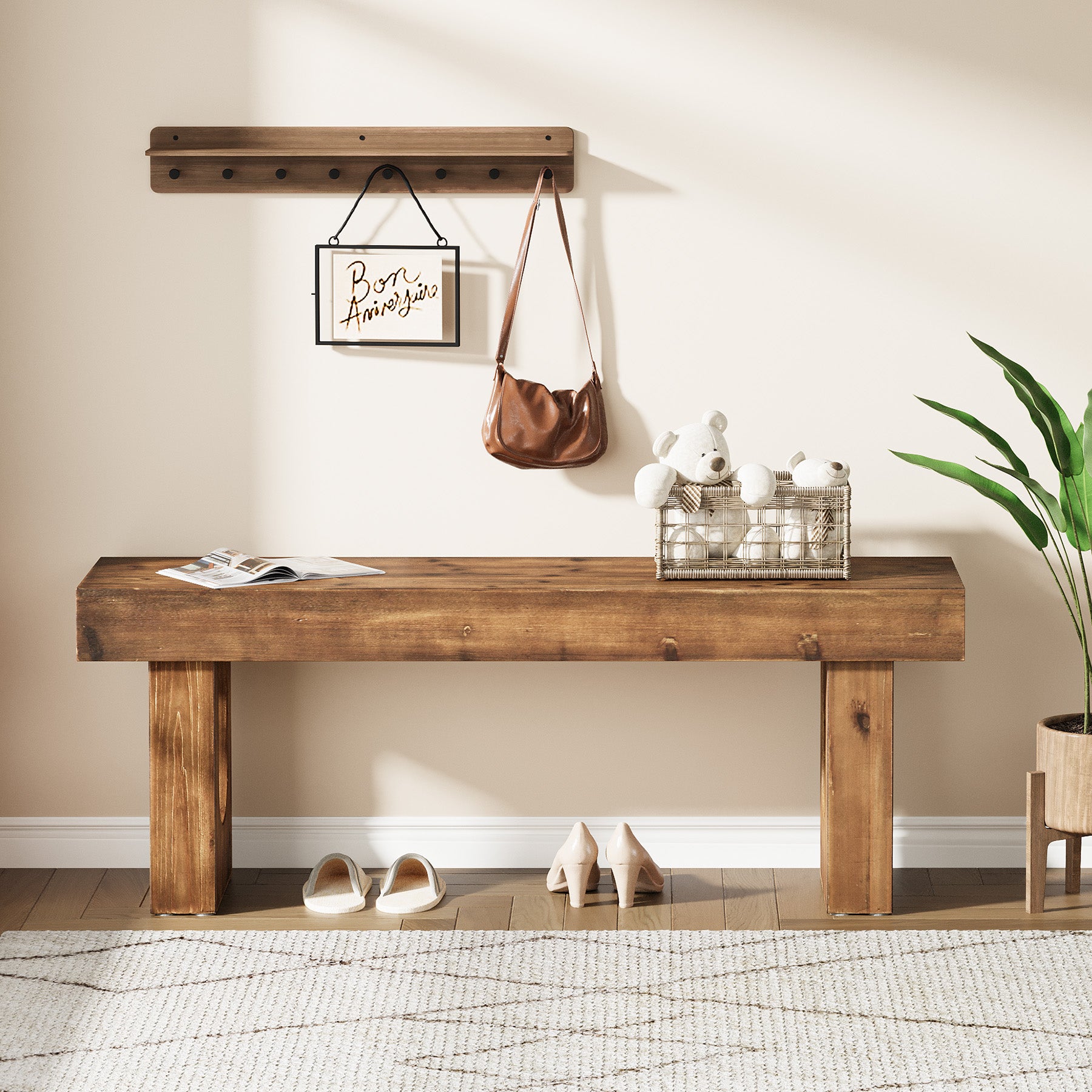 Wood Shoe Bench, 47" Narrow Entryway Bench End of Bed Bench