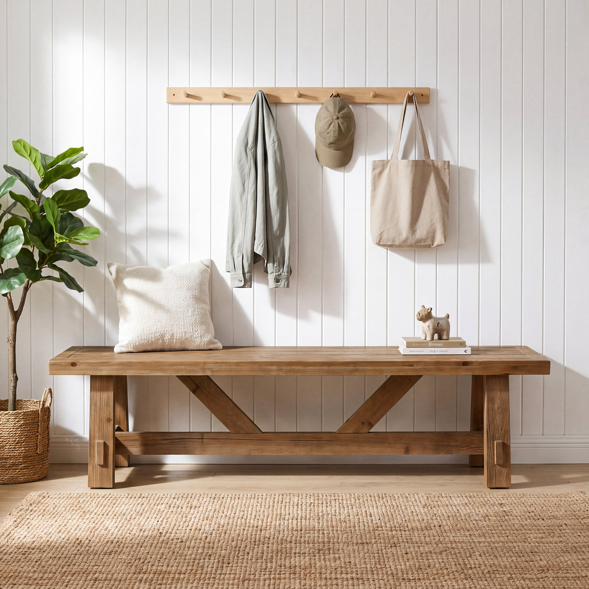 55" Solid Wood Entryway Bench, Farmhouse End of Bed Bench For Hallway, Bedroom