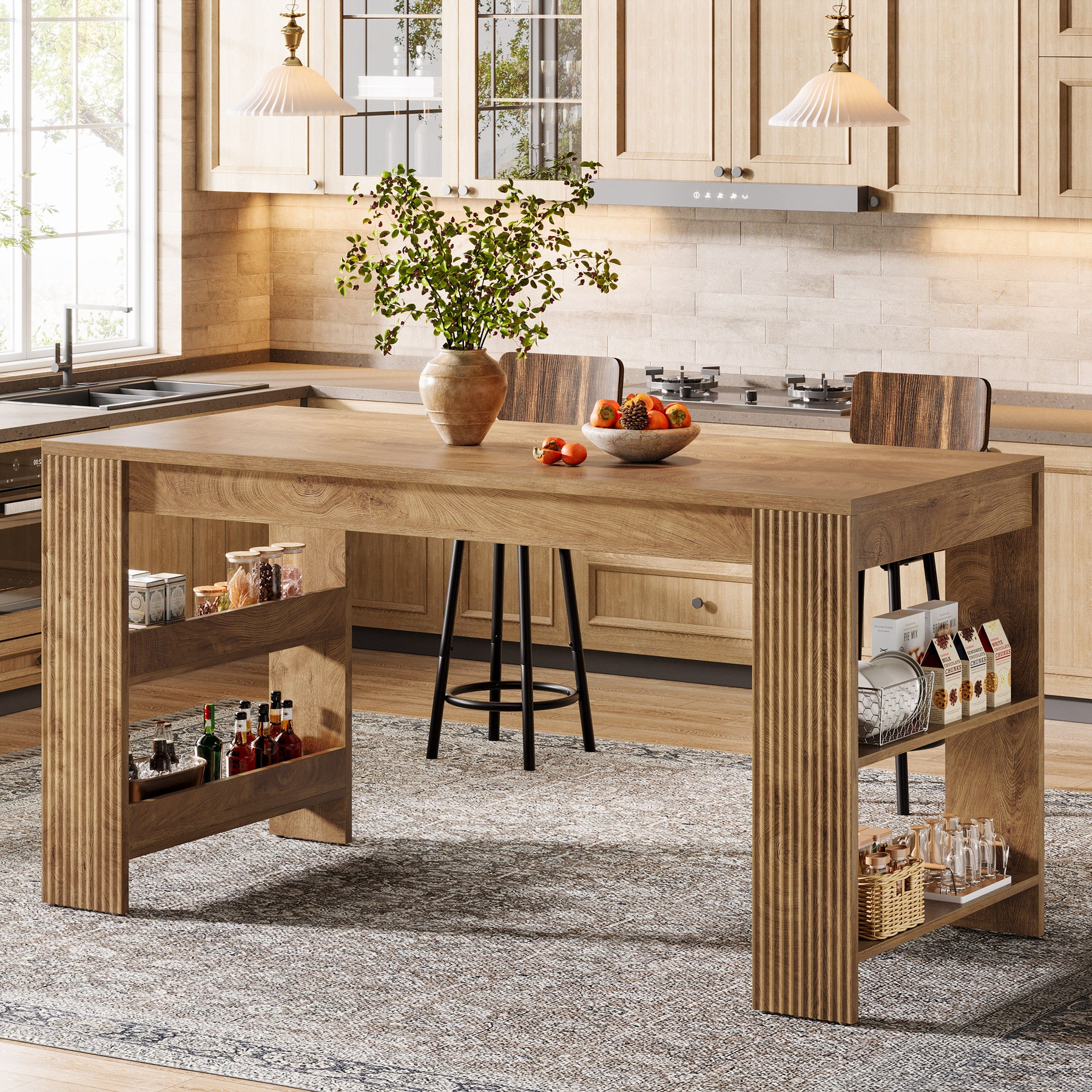 63" Kitchen Island, Large Home Bar Table with Double-Sided Storage Shelves