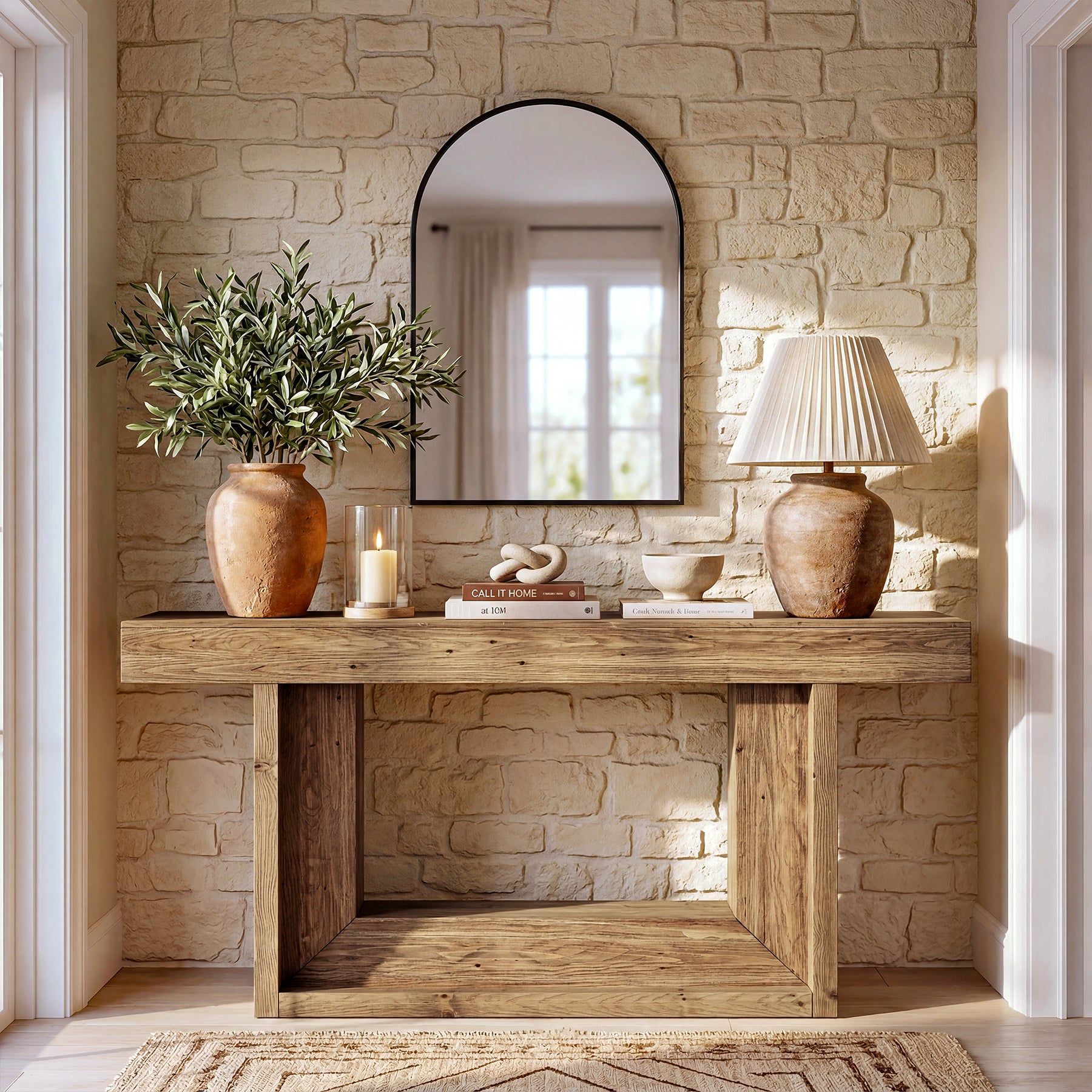 63" Solid Wood Console Table with U-Shaped Base, Farmhouse Narrow Entryway Table with Open Storage Shelf