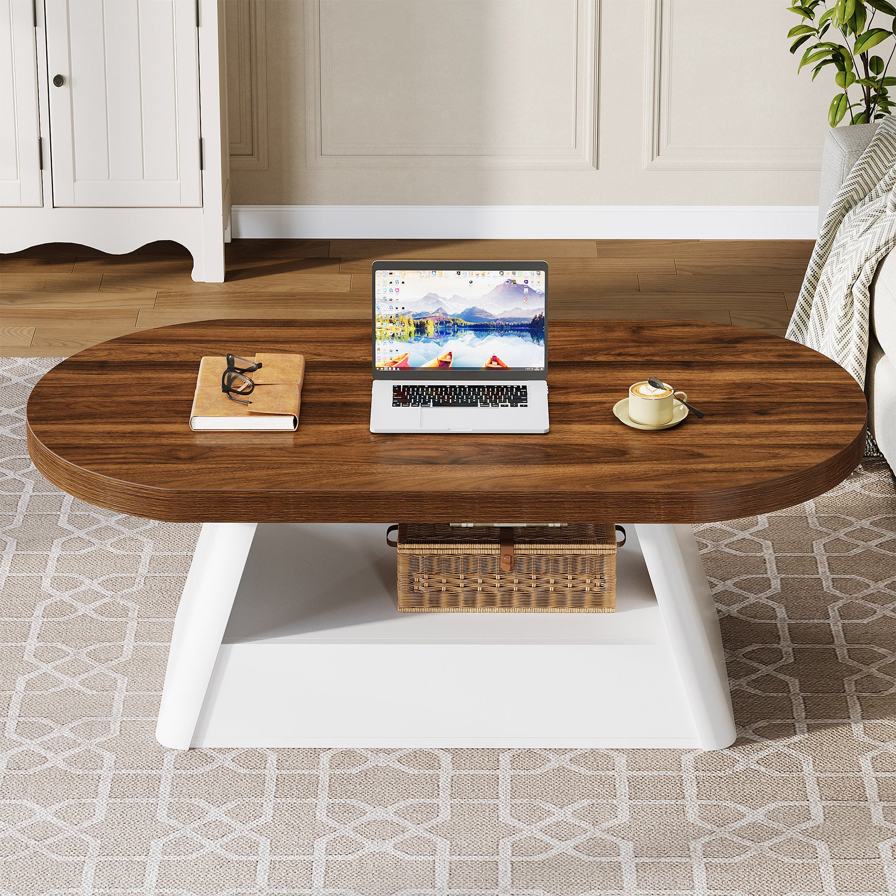47" Oval Coffee Table, Modern Center Tea Table with 2-Tier Storage