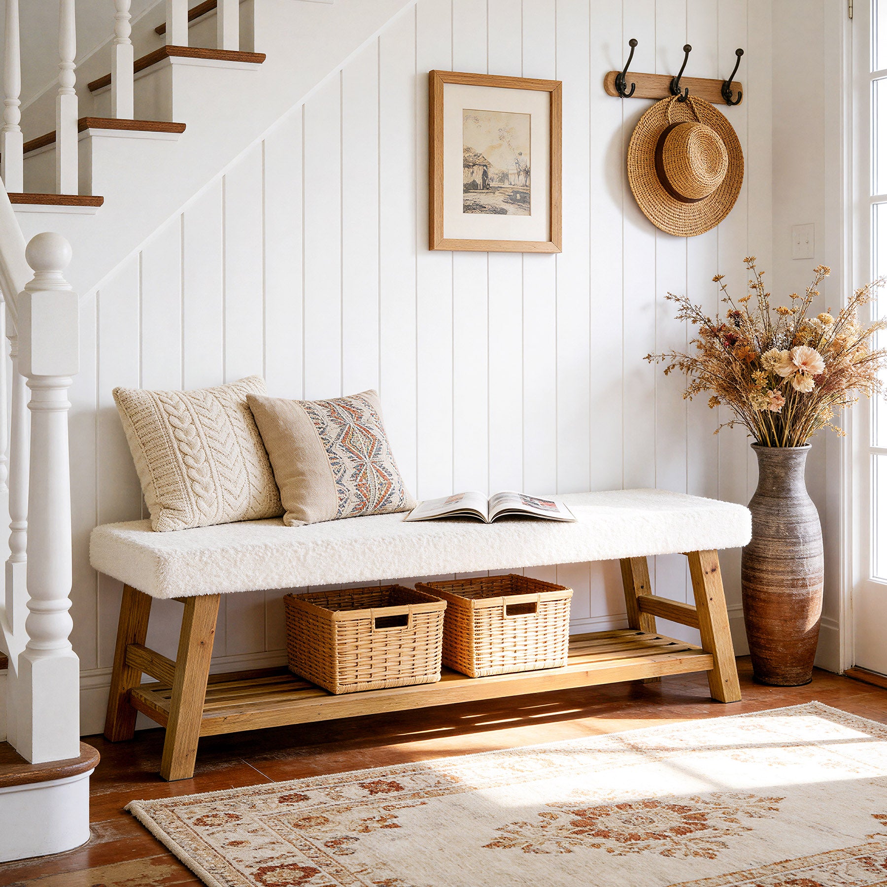 55" Upholstered Entryway Bench, 2-Tier Shoe Bench with Solid Wood Frame