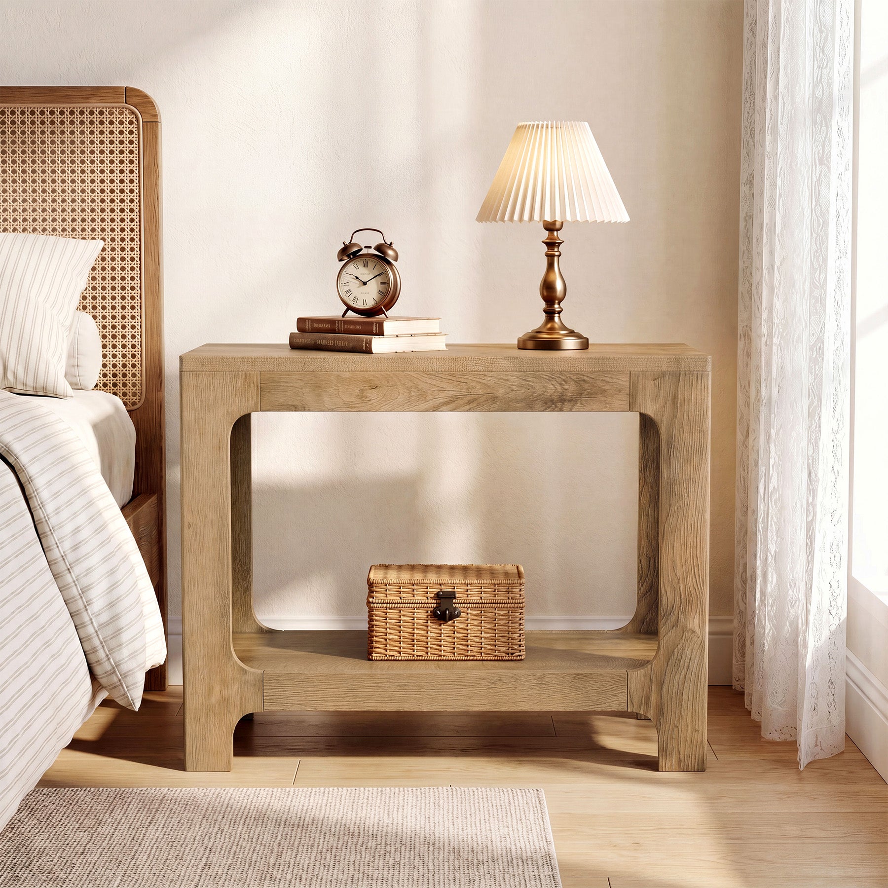 2-Tier Side Table, Narrow Wooden Rectangle End Table for Small Spaces