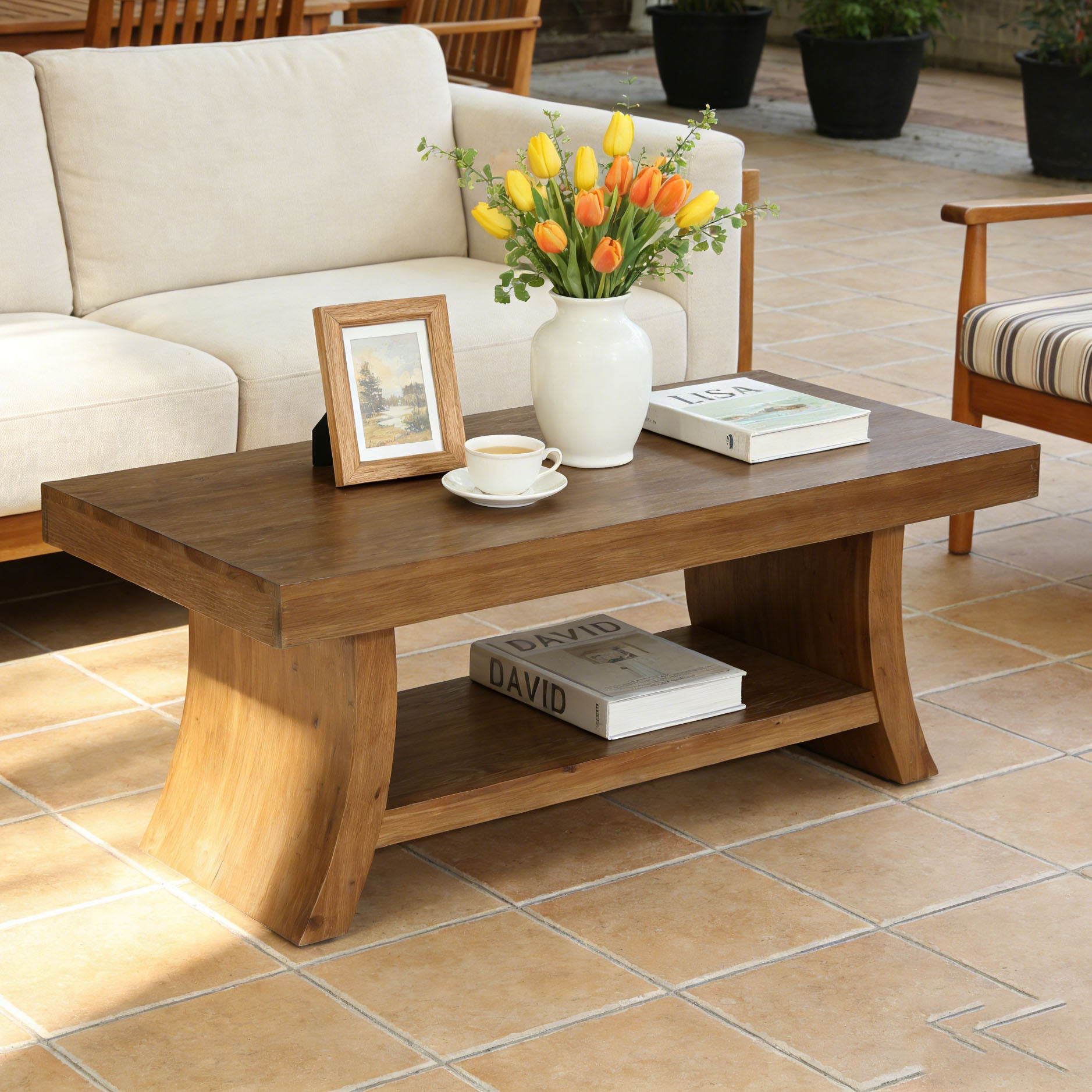 Solid Wood Coffee Table with Storage Shelf, 47.2" Center Table with Curved Base