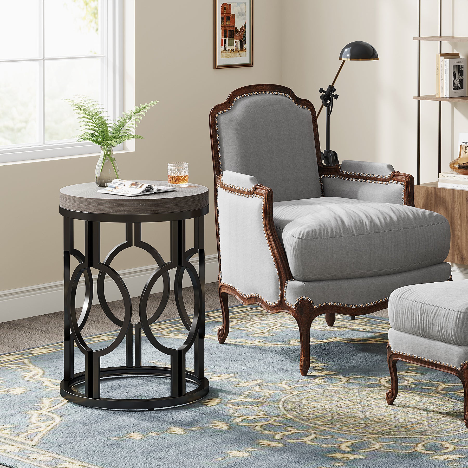 Small Round End Table, Industrial Metal Frame Side Table for Living Room & Bedroom