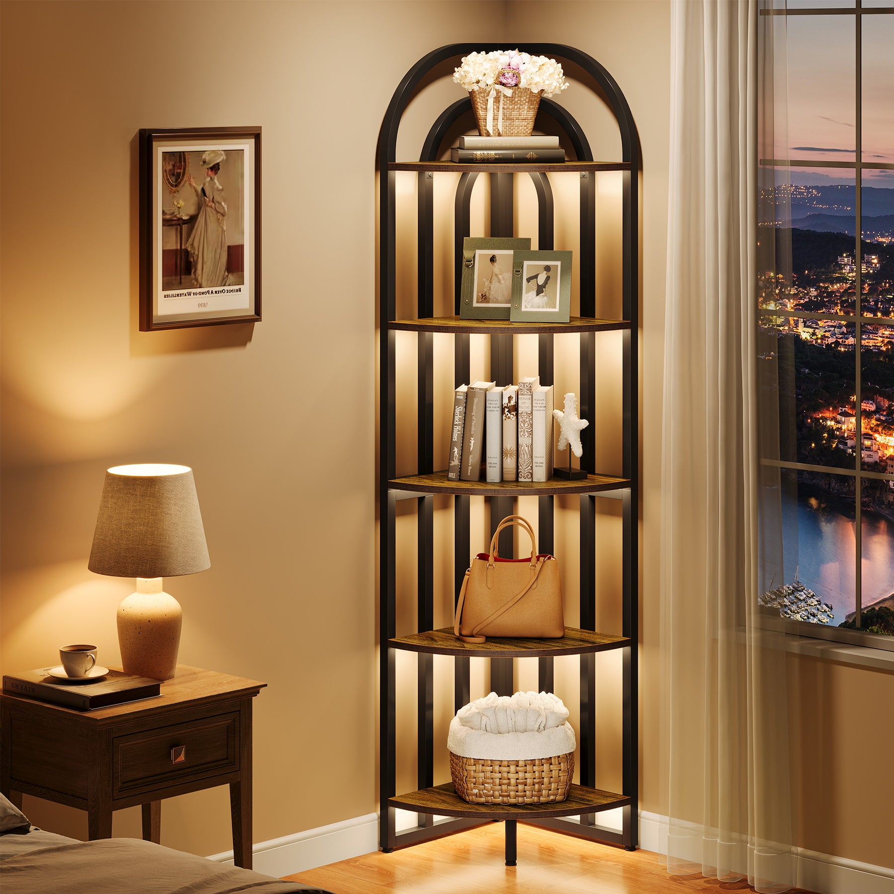 5-Tier Corner Shelf, 71" Tall Corner Bookshelf Display Rack