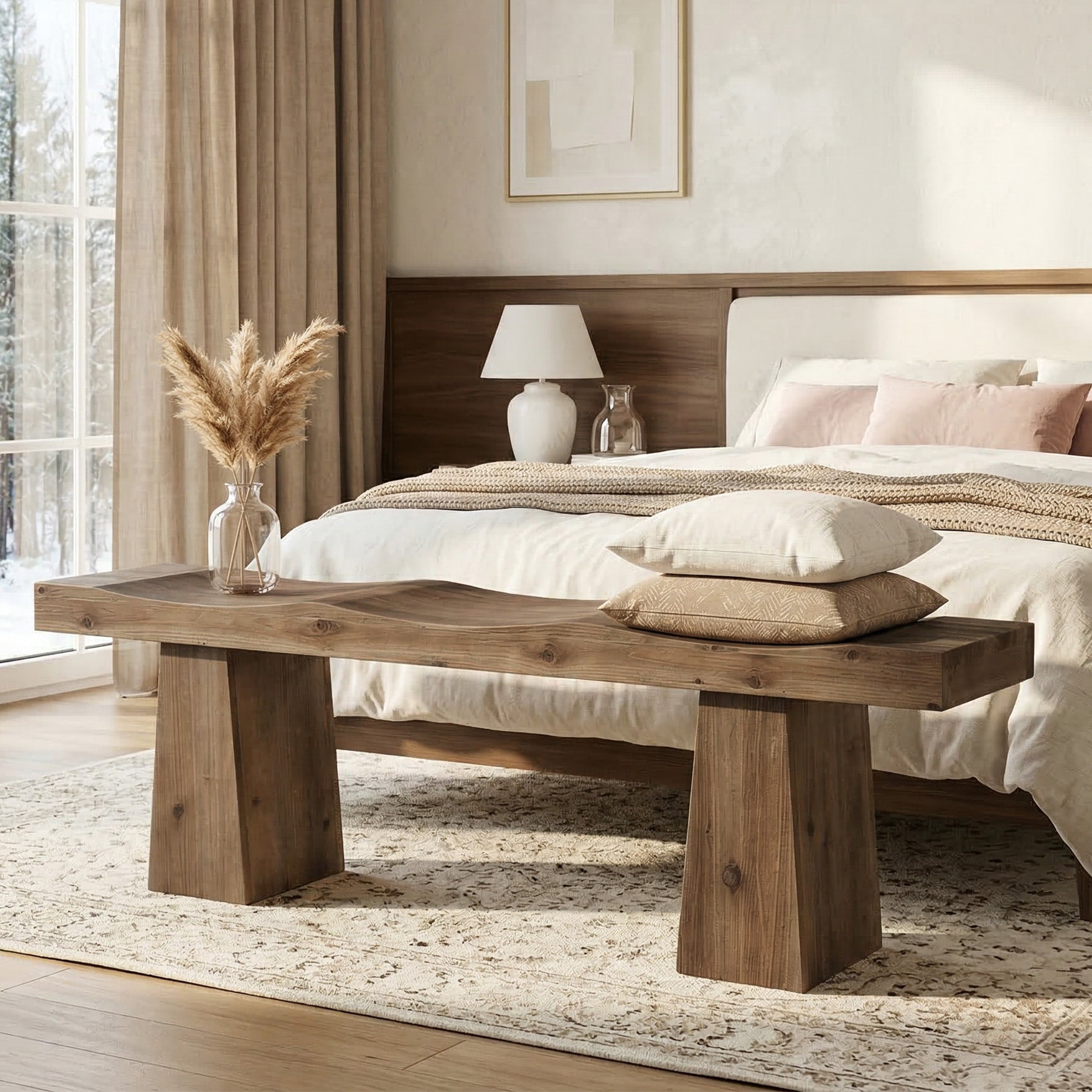 Solid Wood Entryway Bench, 59" End of Bed Bench with Wavy Edges Design