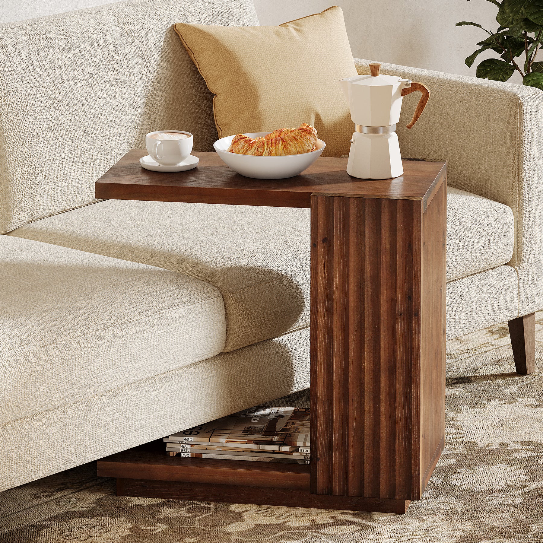 C-Shaped Wood Side Table with Fluted Panels