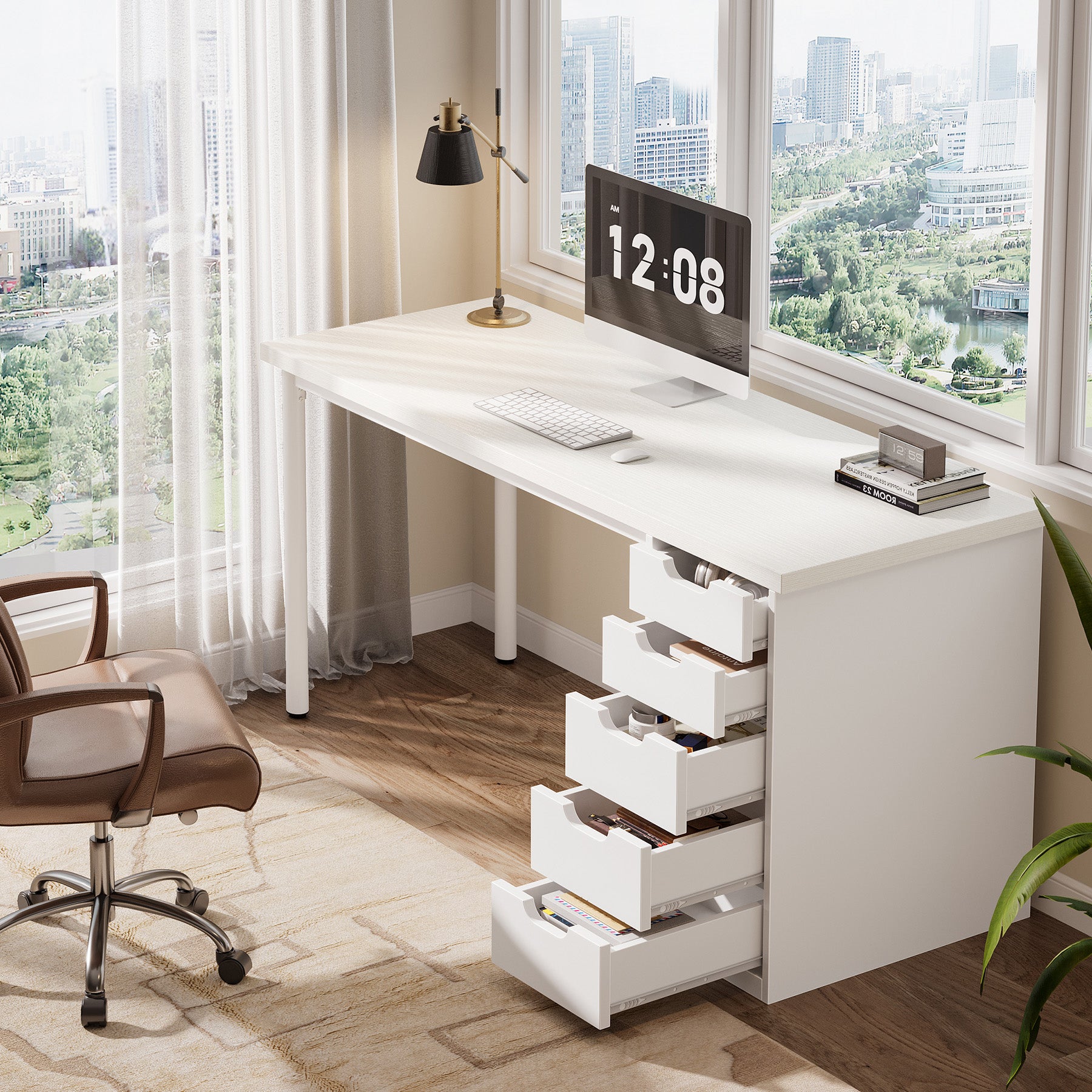 Tribesigns 47" Computer Desk with 5 Reversible Drawers, Rustic Home Office Workstation
