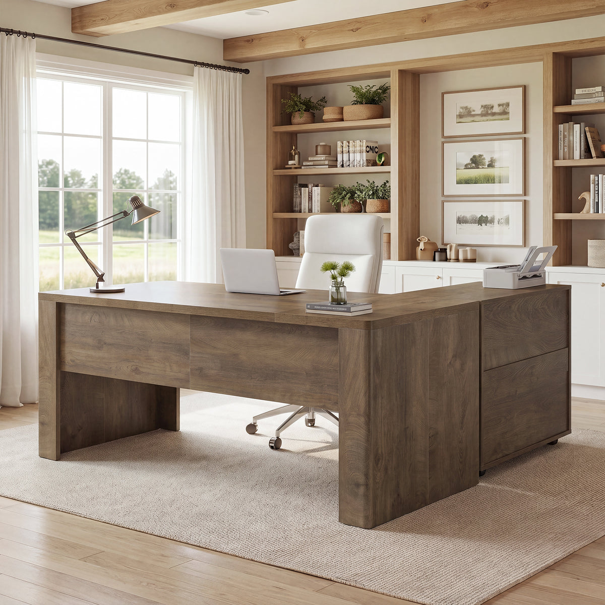 63" L-Shaped Executive Desk, Large Computer Desk with Mobile File Cabinet for Home Office