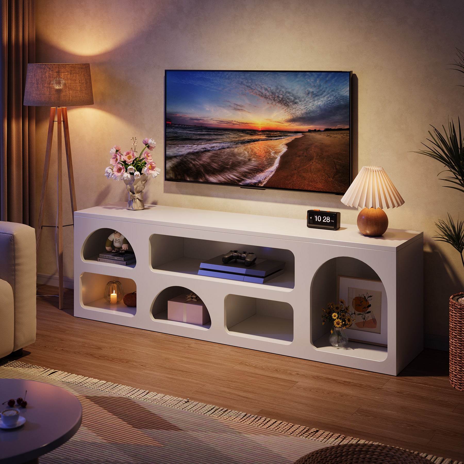 63" TV Stand for 60 to 70 Inch TVs, Modern White Media Console with 6 Open Shelves