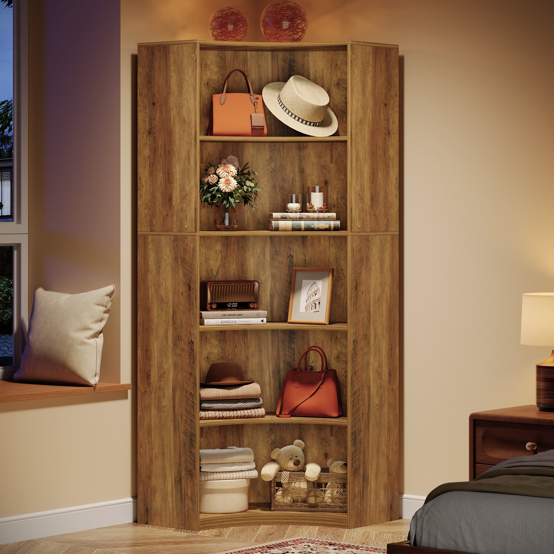 6-Tier Corner Bookshelf, 70.9" Tall Corner Bookcase with Curved Edges