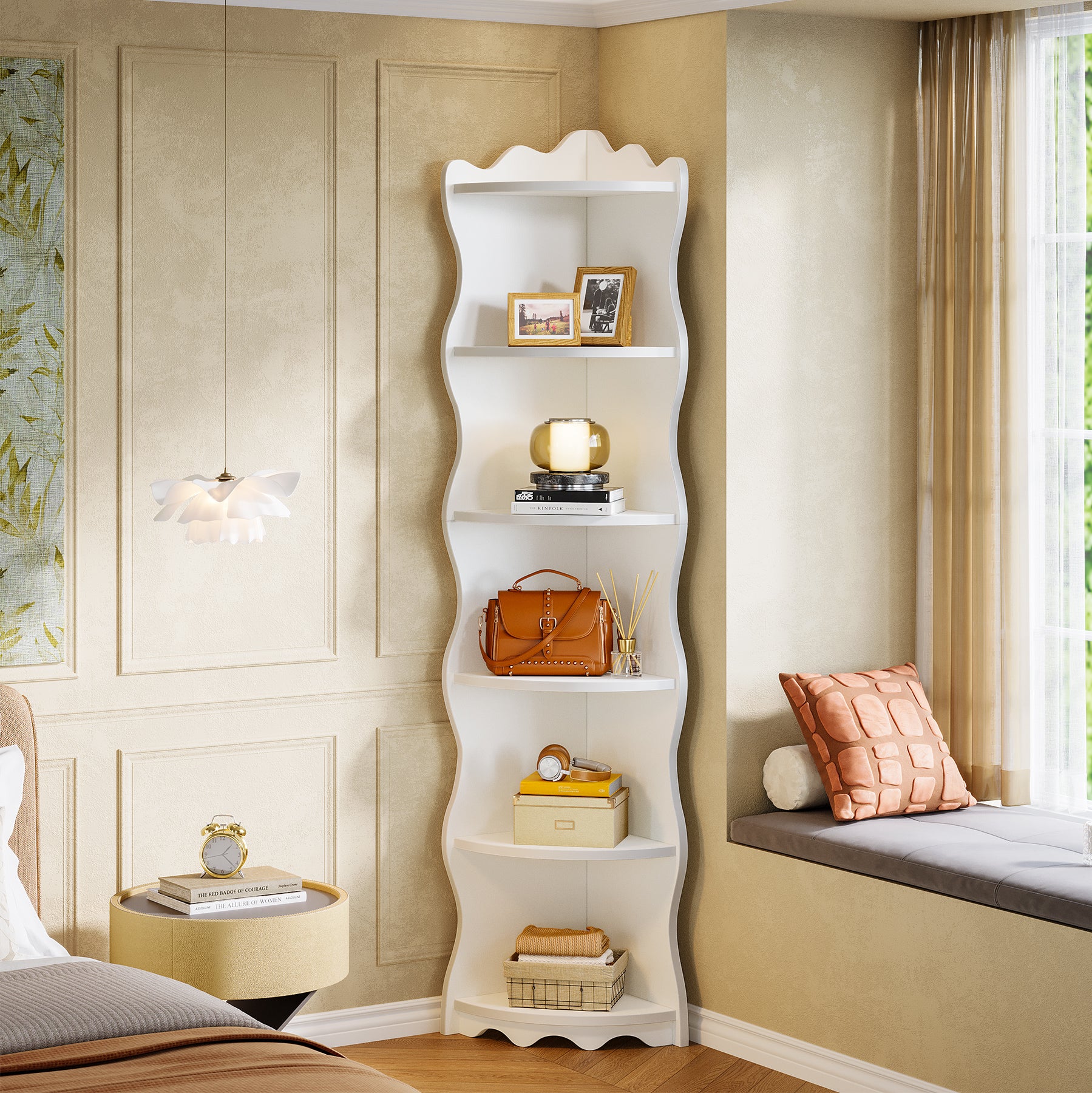 5-Tier Corner Shelf, 70.8" Corner Bookshelf Wavy Shaped Display Rack