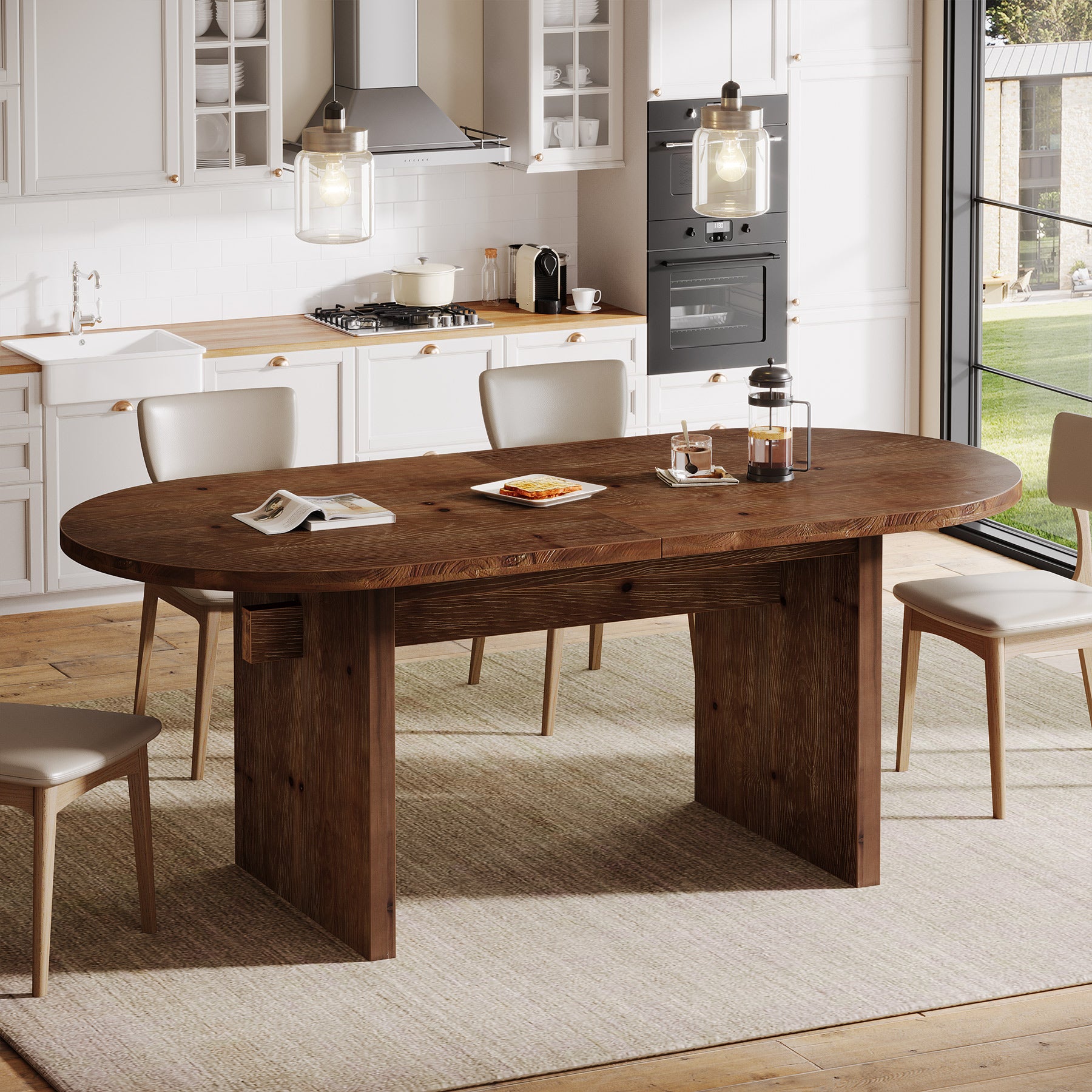 Solid Wood Dining Table, 63" Oval Kitchen Dinner Table for 4-6