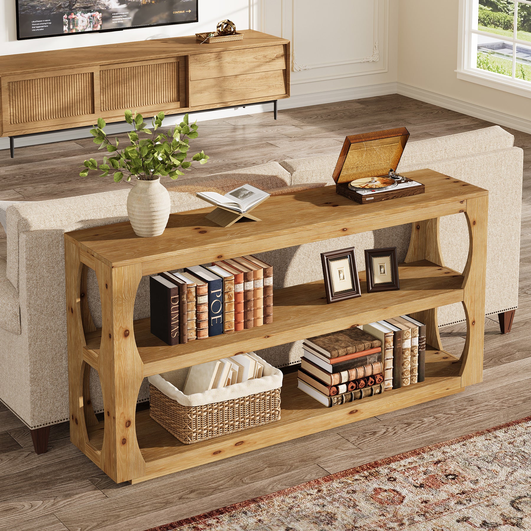 63" Solid Wood Console Table, Farmhouse Narrow Entryway Sofa Table with 3-Tier Storage