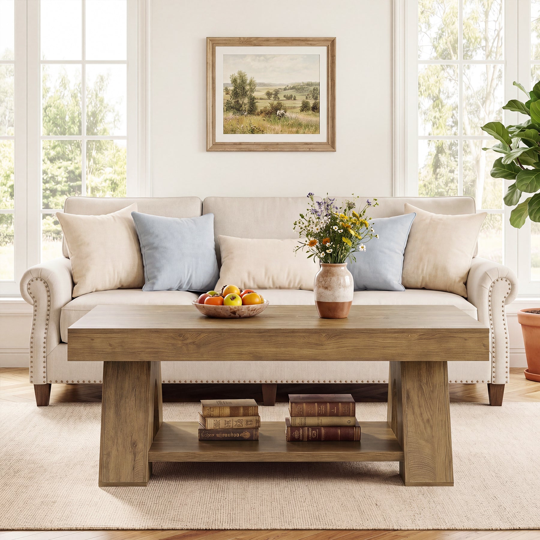 Tribesigns 55.1-Inch Farmhouse Coffee Table with Storage Shelf, Large Rectangle Center Table for Living Room