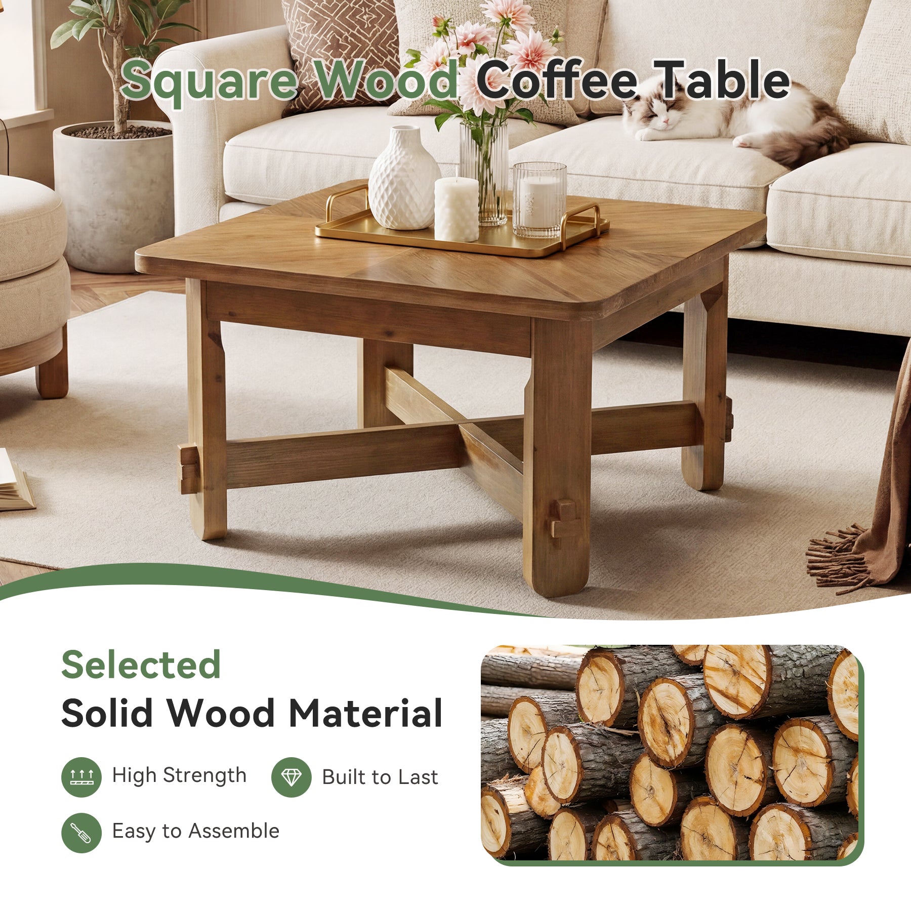31.5 Inch Solid Wood Square Coffee Table, Farmhouse Center Table with Cross Base