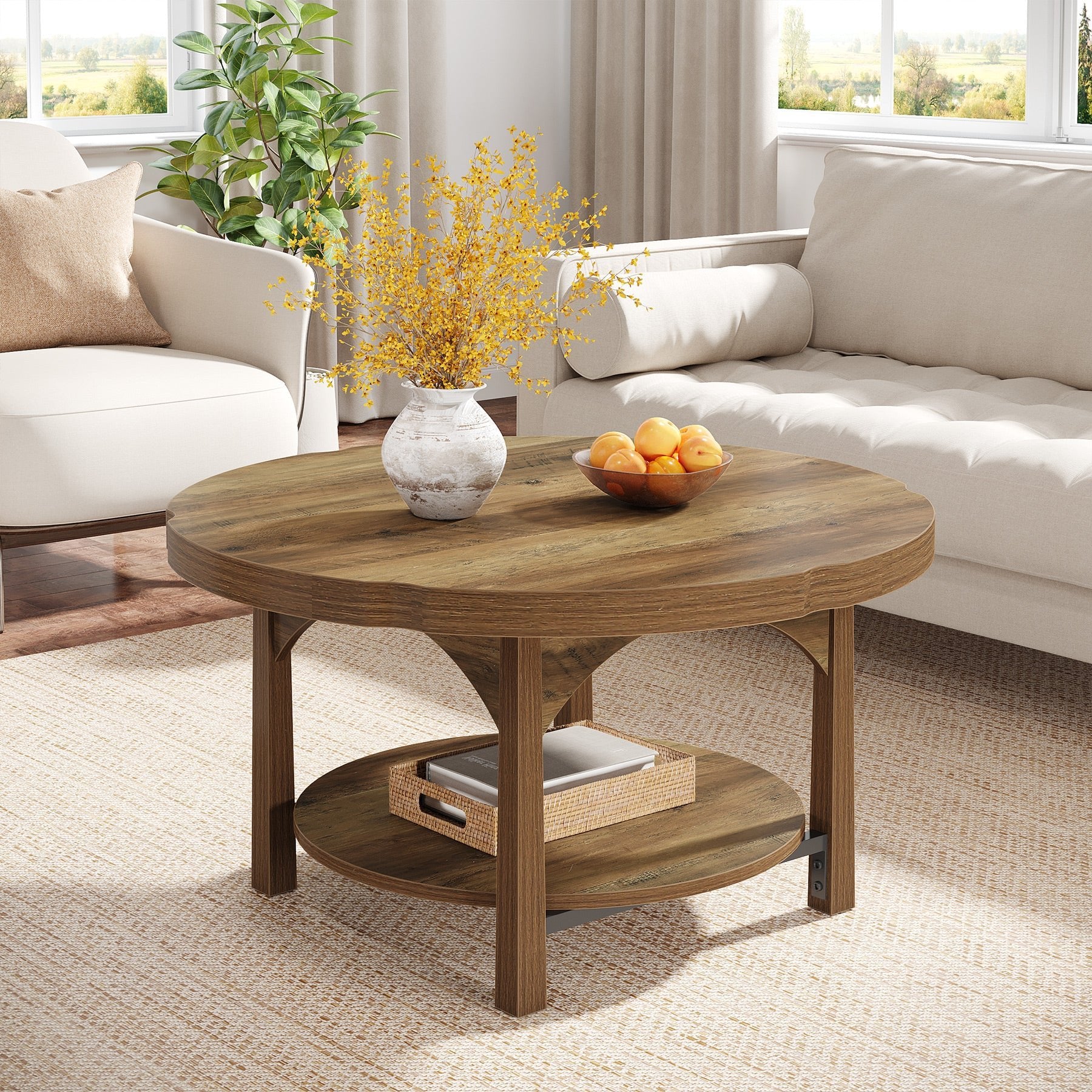 33.46" Round Coffee Table, 2-Tier Farmhouse Center Table with Storage Shelf