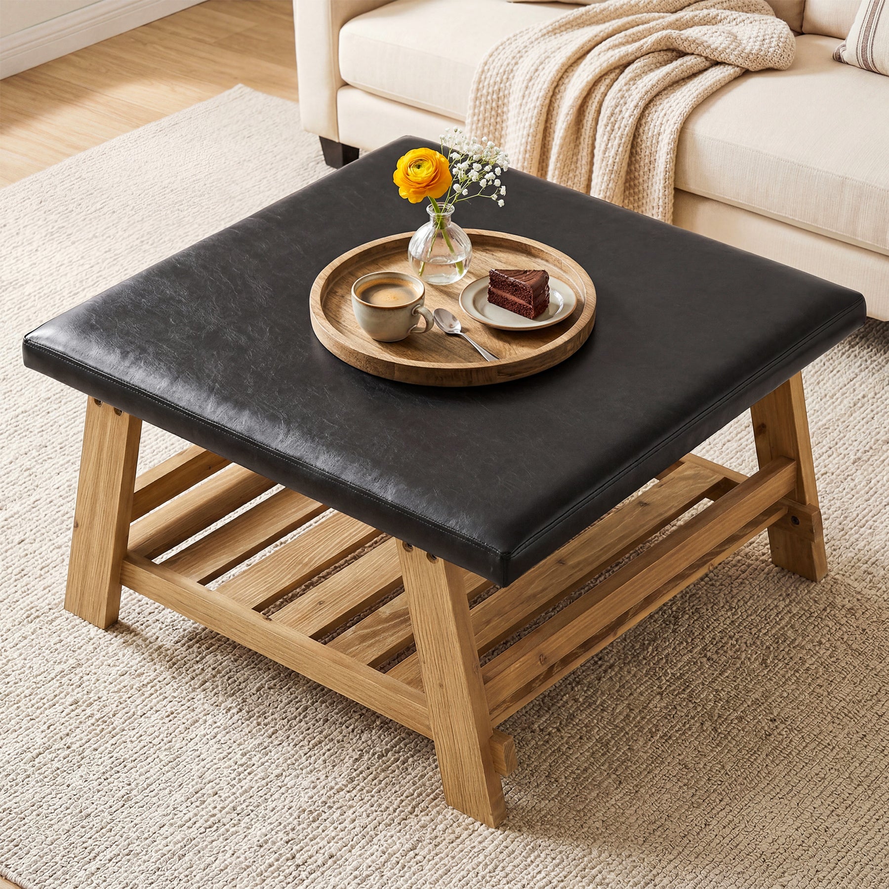 31.5" Square Ottoman Coffee Table with Storage Shelf
