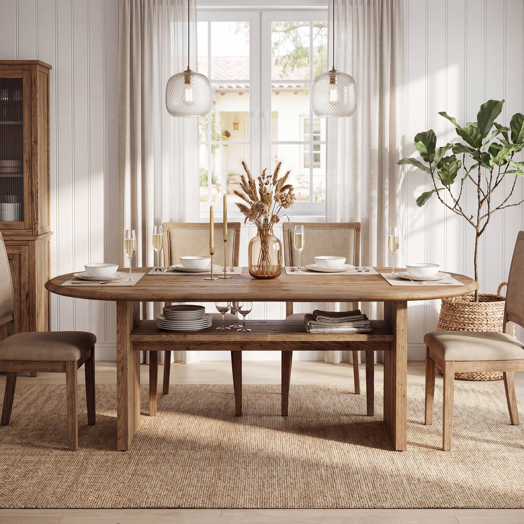 63" Solid Wood Dining Table for 6, Oval Kitchen Table with Storage for Dining Room