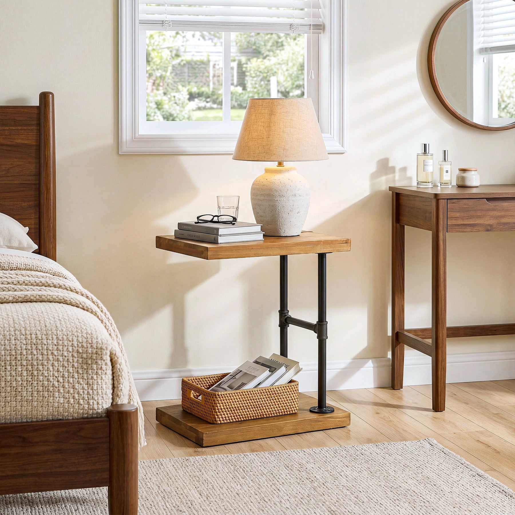 Tribesigns Narrow Solid Wood Nightstand, C-Shaped Bedside Table for Bedroom