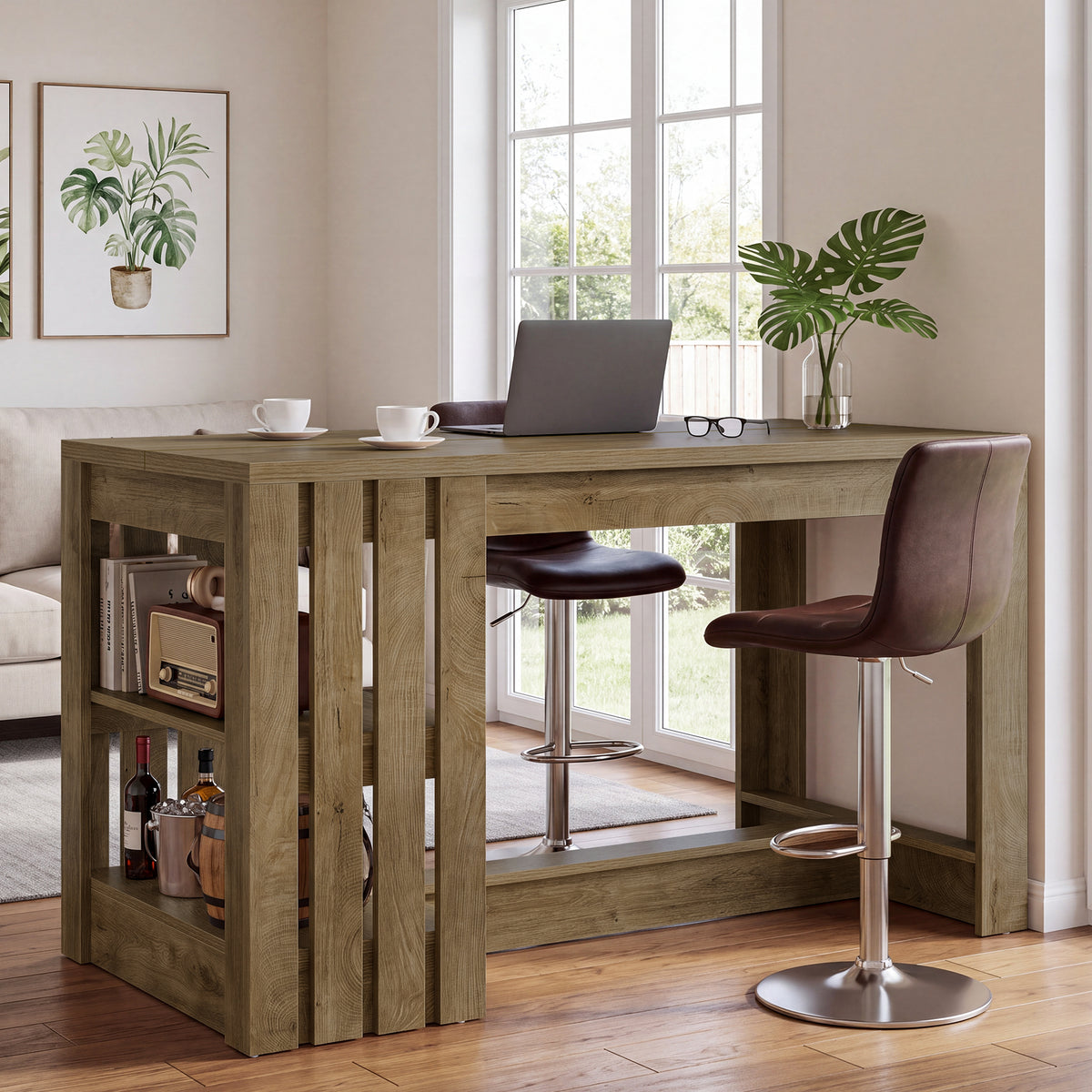 55" Bar Table, Farmhouse Counter Height Pub Table with 2-Tier Storage & Slatted Side Panel