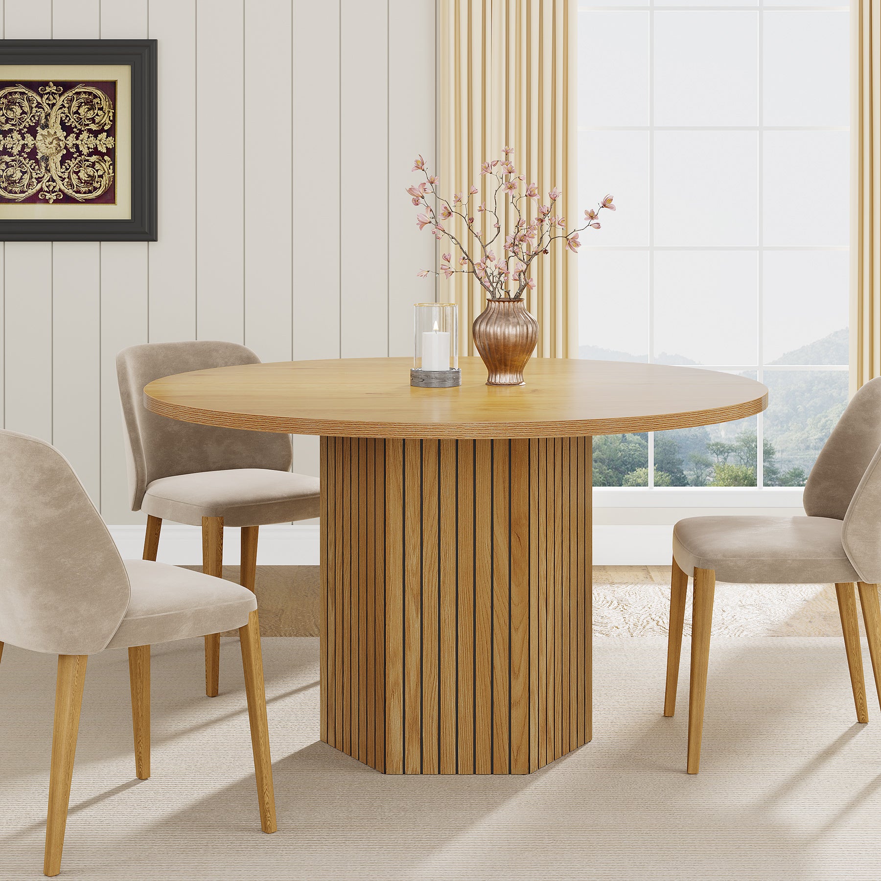 47" Round Dining Table, Kitchen Table with Pedestal Base for 4-6