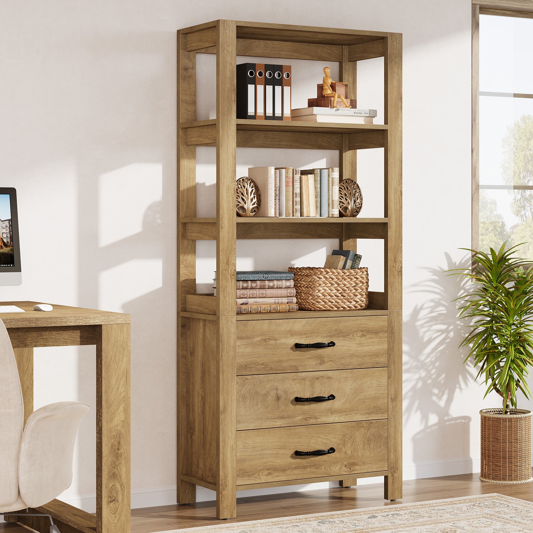 70.9" Bookshelf with Drawers, Modern Bookcase with 3-Tier Open Shelf
