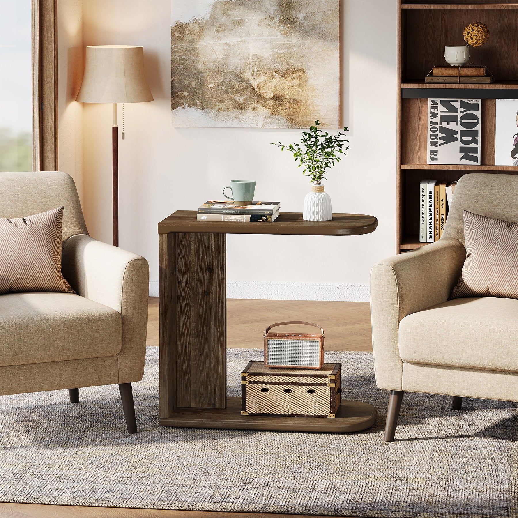 Solid Wood End Table, C-Shaped Sofa Side Table for Living Room