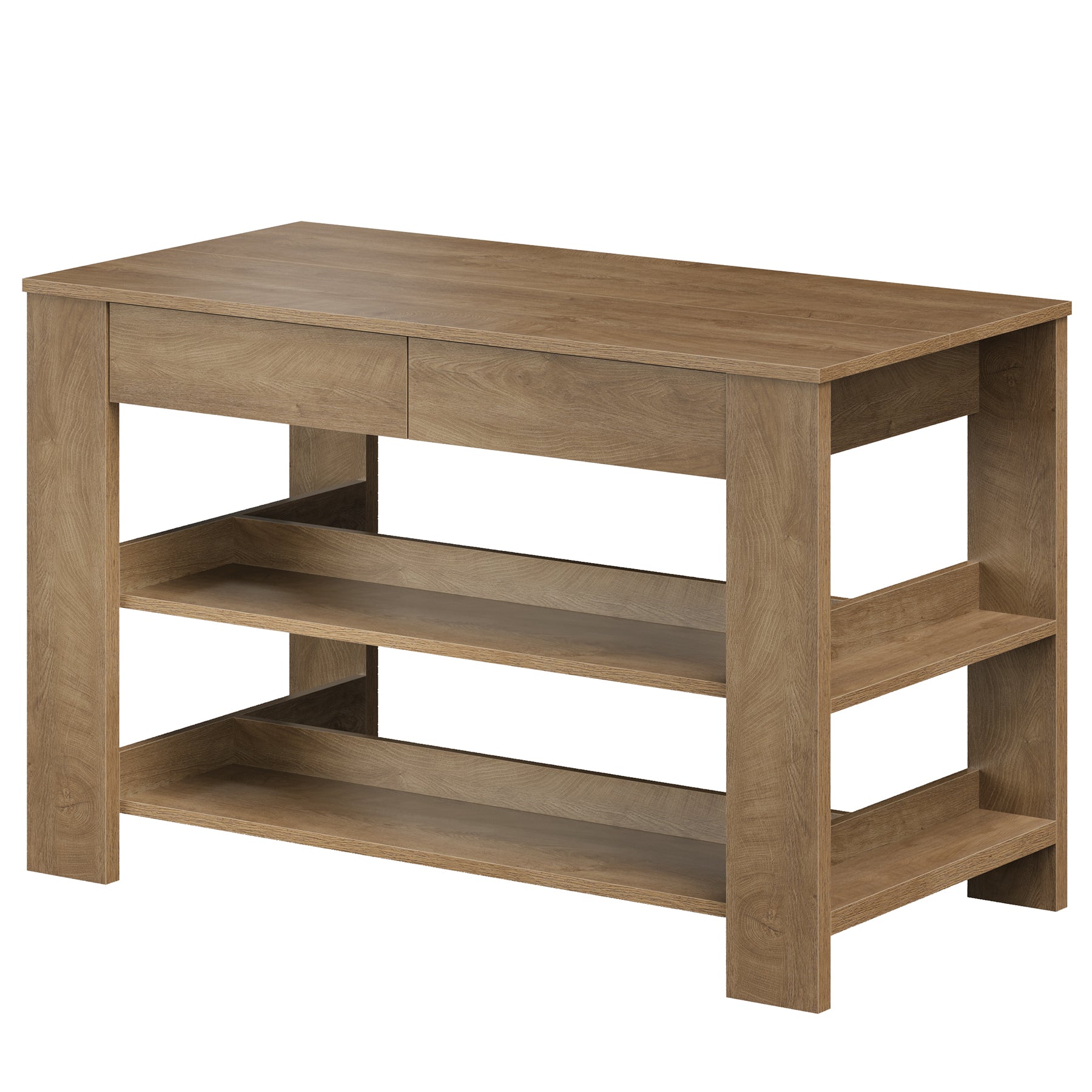 55" Farmhouse Kitchen Island with 2 Drawers & Open Storage Shelves, Stationary Kitchen Island Table