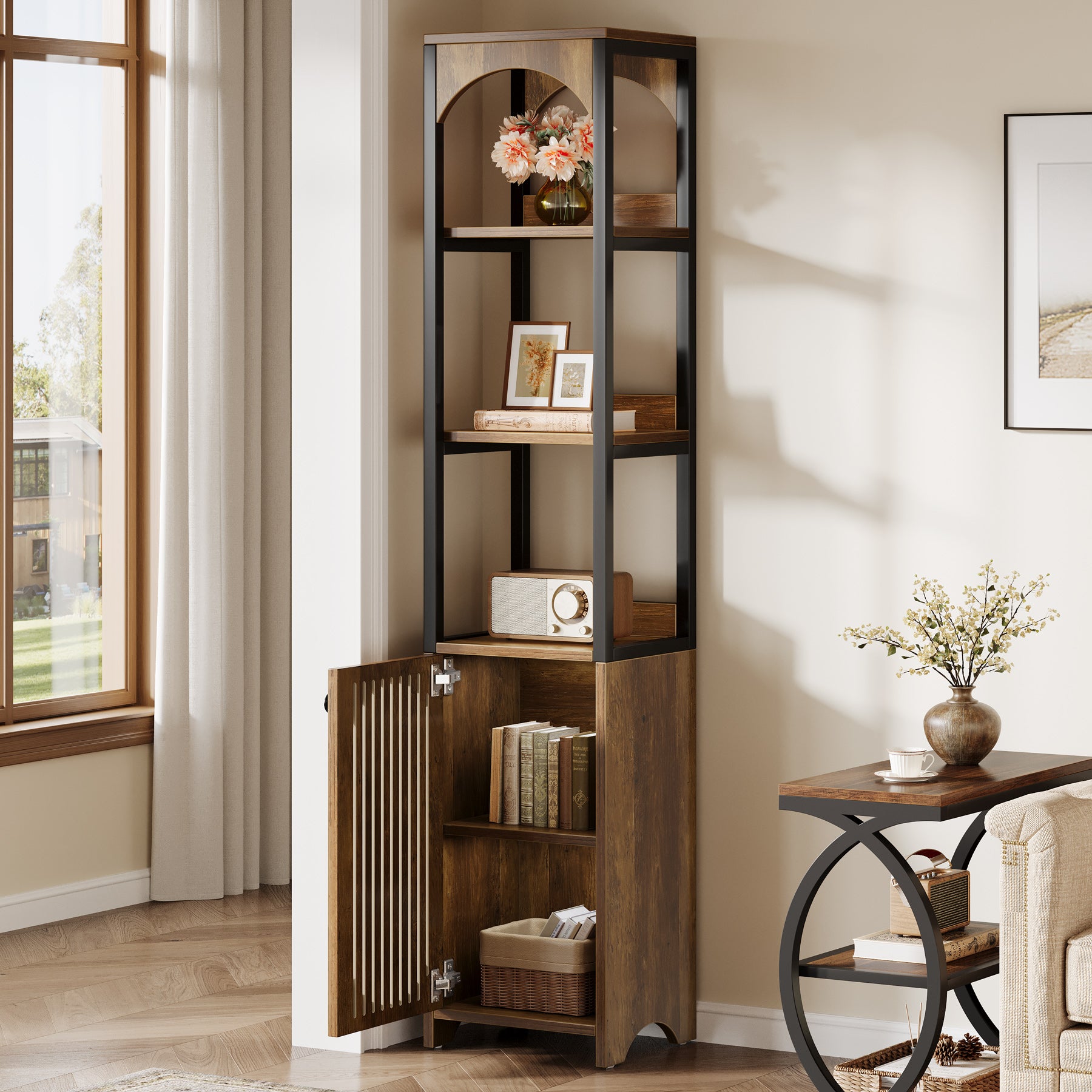 71.6" Bookshelf with Cabinet, Narrow Bookcase with Open Storage Shelves