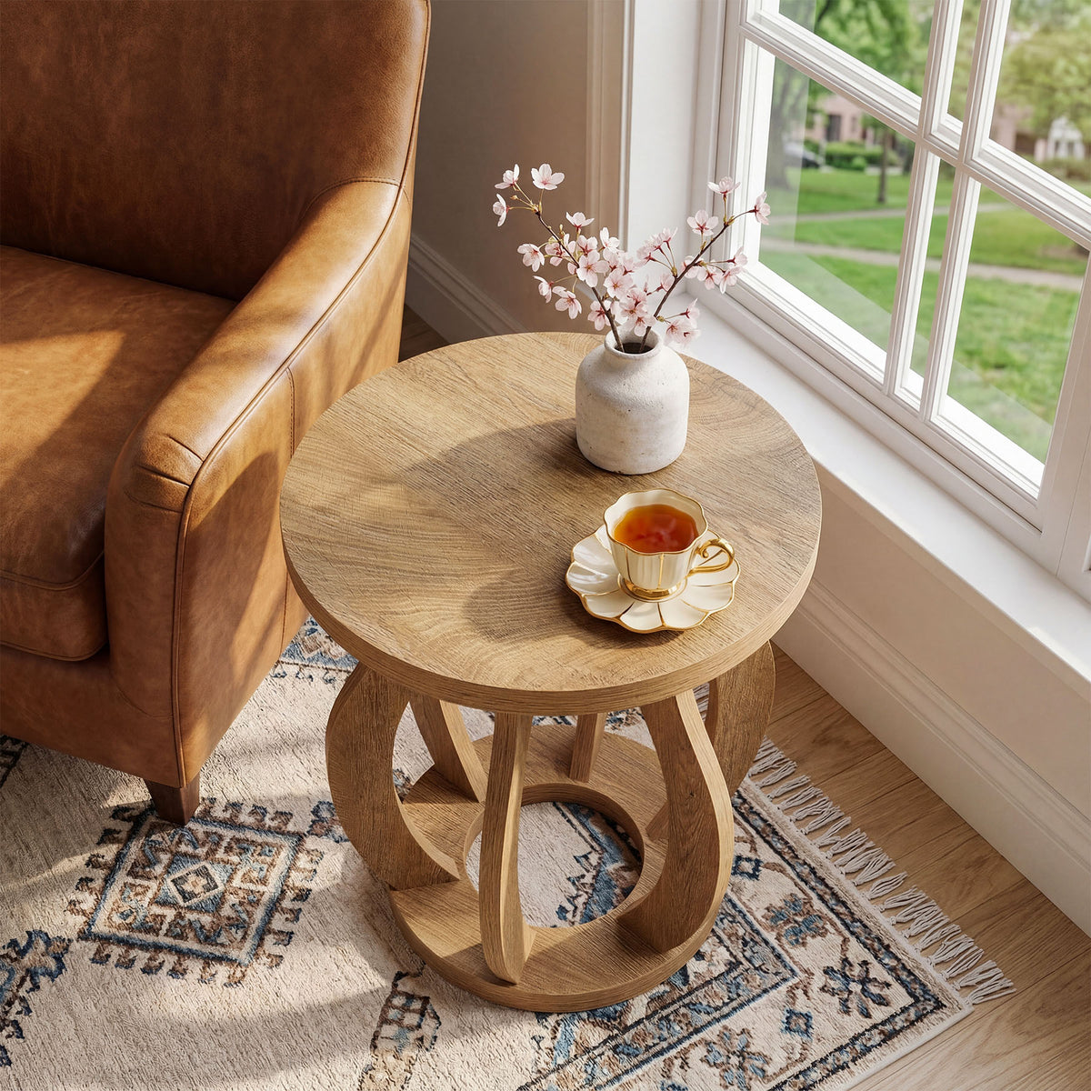 19.69" Curved Wooden Round Side Table for Small Spaces