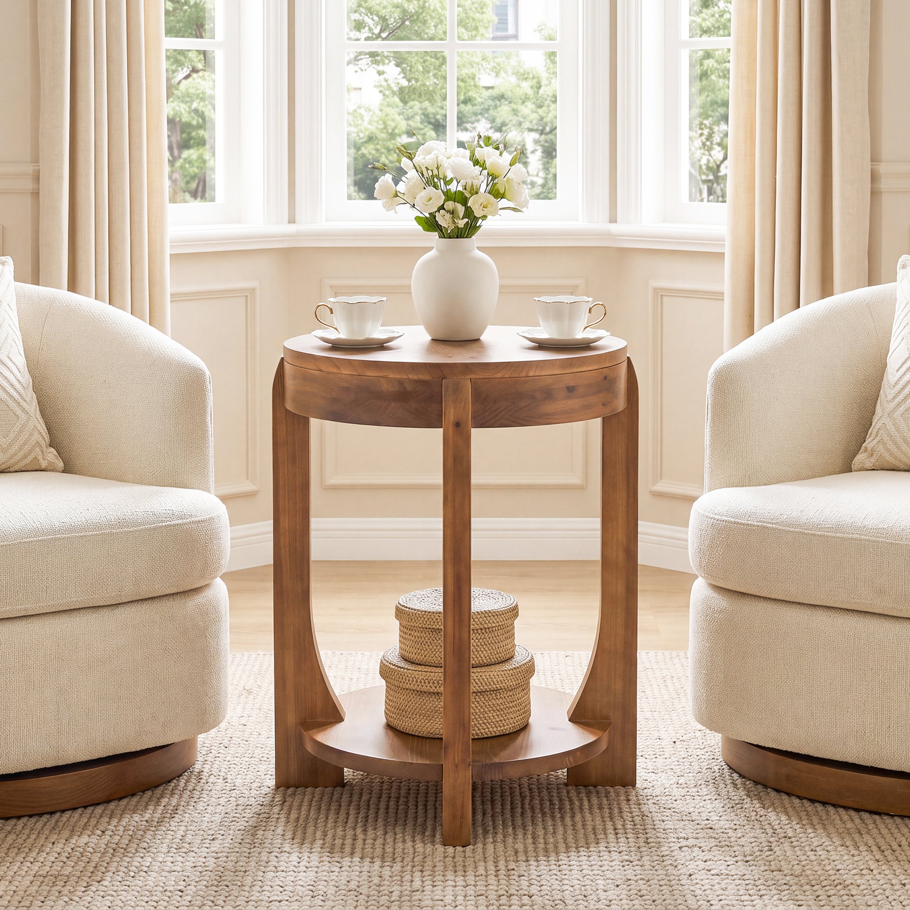 Solid Wood End Table, 2-Tier Round Side Table with Storage Shelf for Living Room, Bedroom