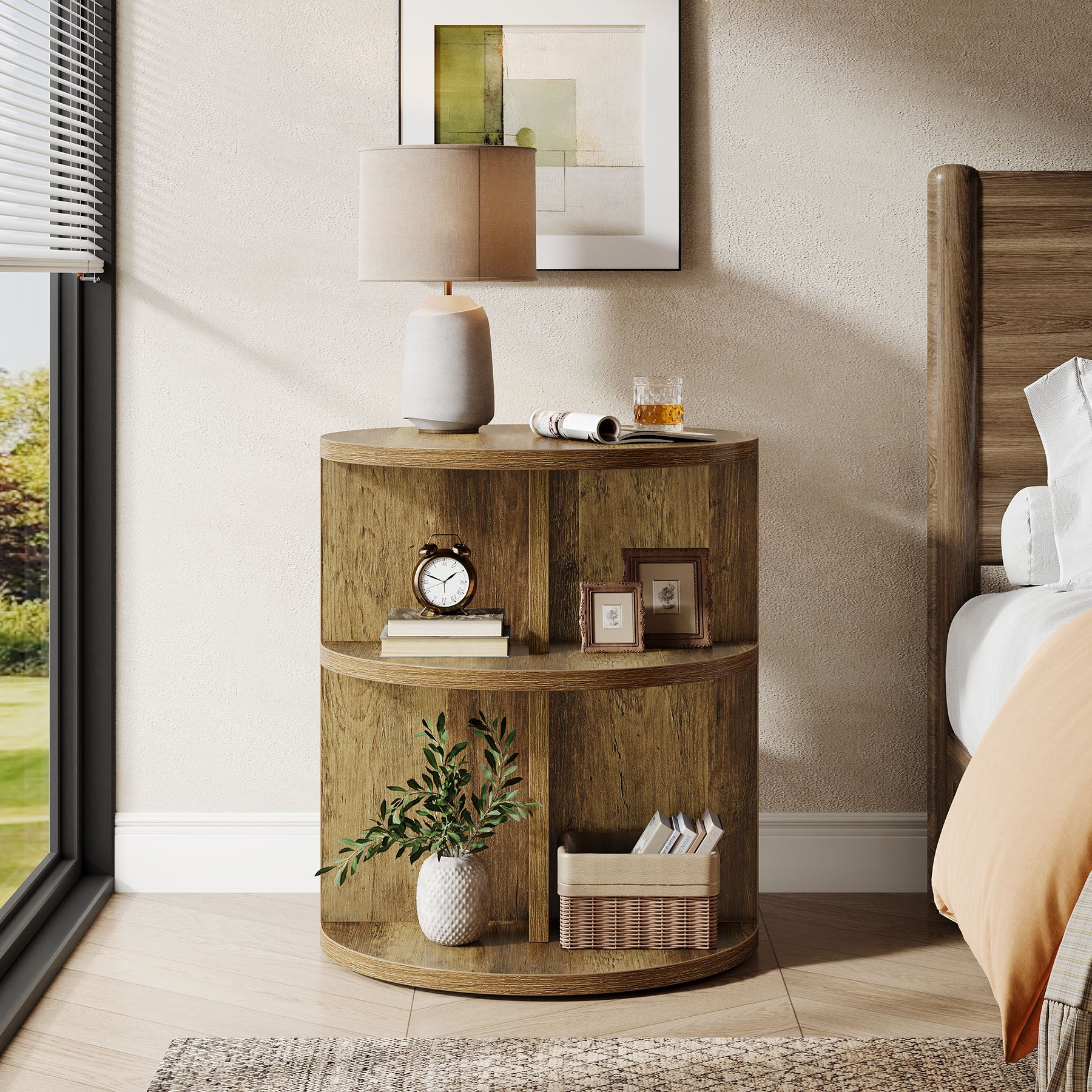 Round End Table, 23.6" Side Table with 3 - Tier Storage Shelf Tribesigns