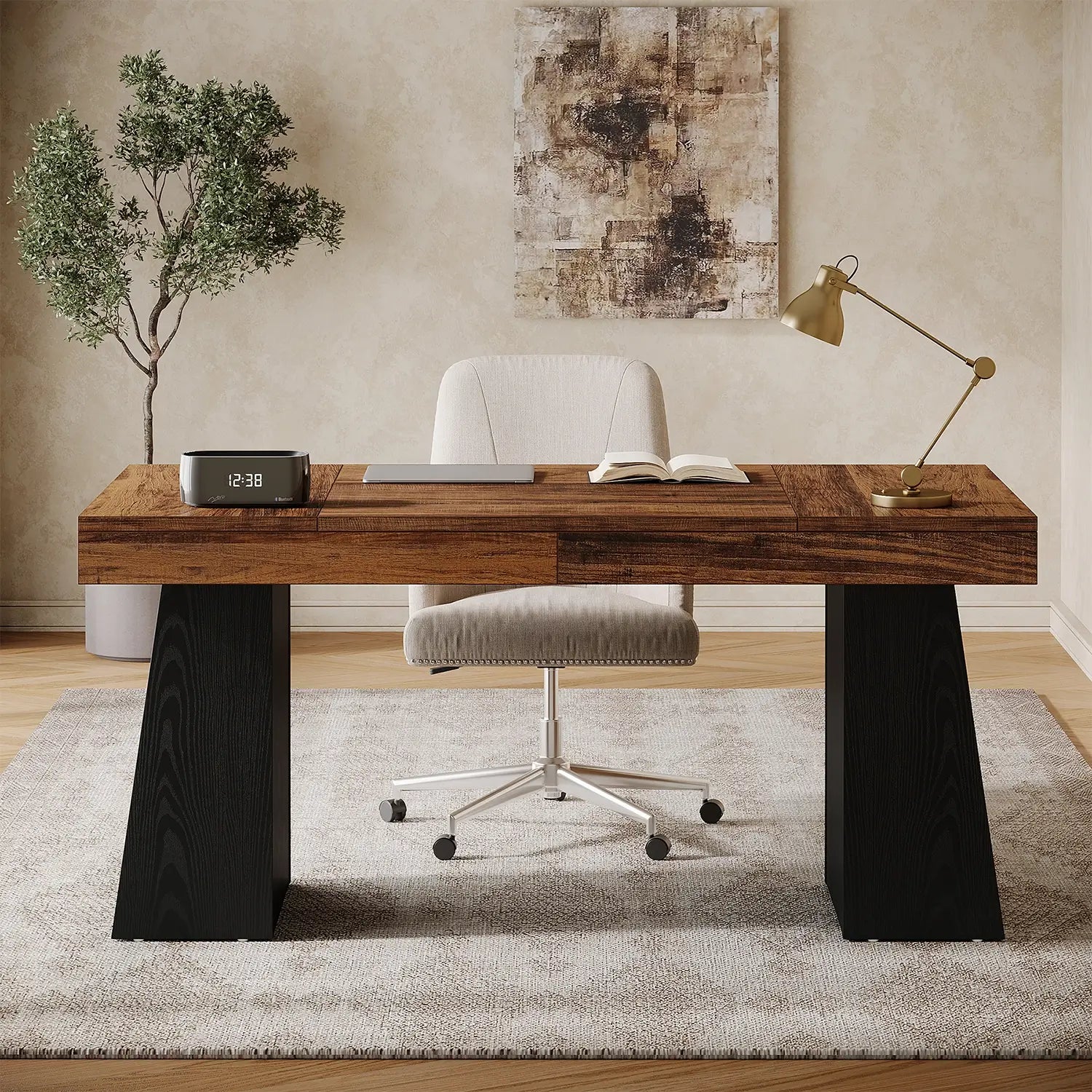 55" Executive Desk with Double Trapezoid Base, Modern Wooden Computer Desk for Home Office