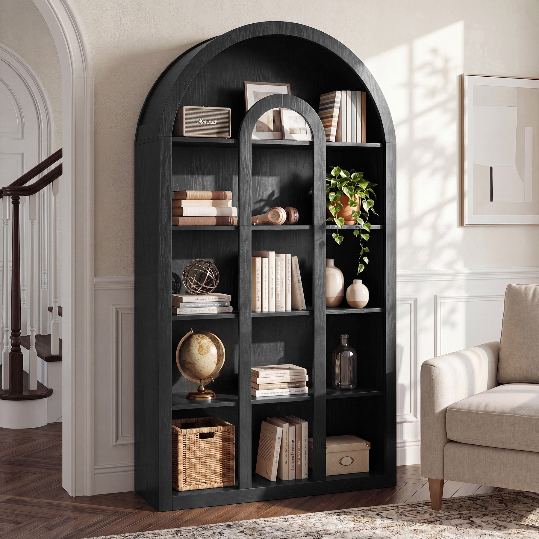 70.87" Tall Bookshelf, 5-Tier Arched Bookcase with Open Shelves for Living Room