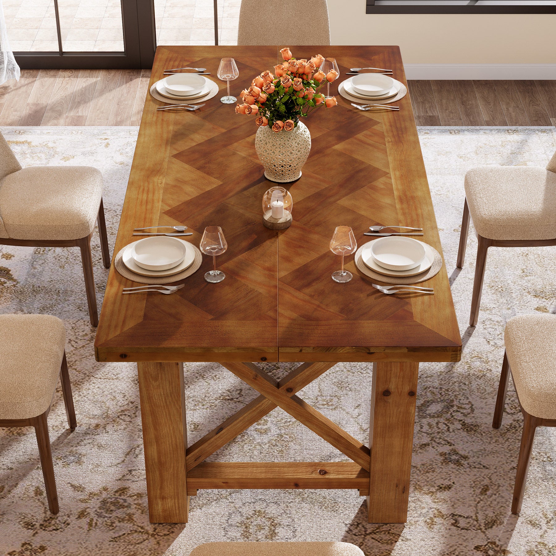 63" Solid Wood Dining Table for 4-6, Rectangle Kitchen Table with X-Shaped Frame